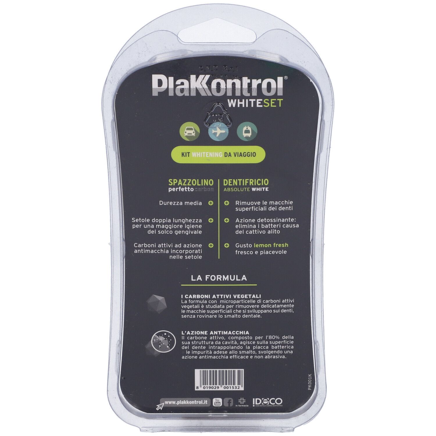 Retro confezione blister. Testo: Plakontrol White Set, Kit da Viaggio. Informazioni su ingredienti e utilizzo.
