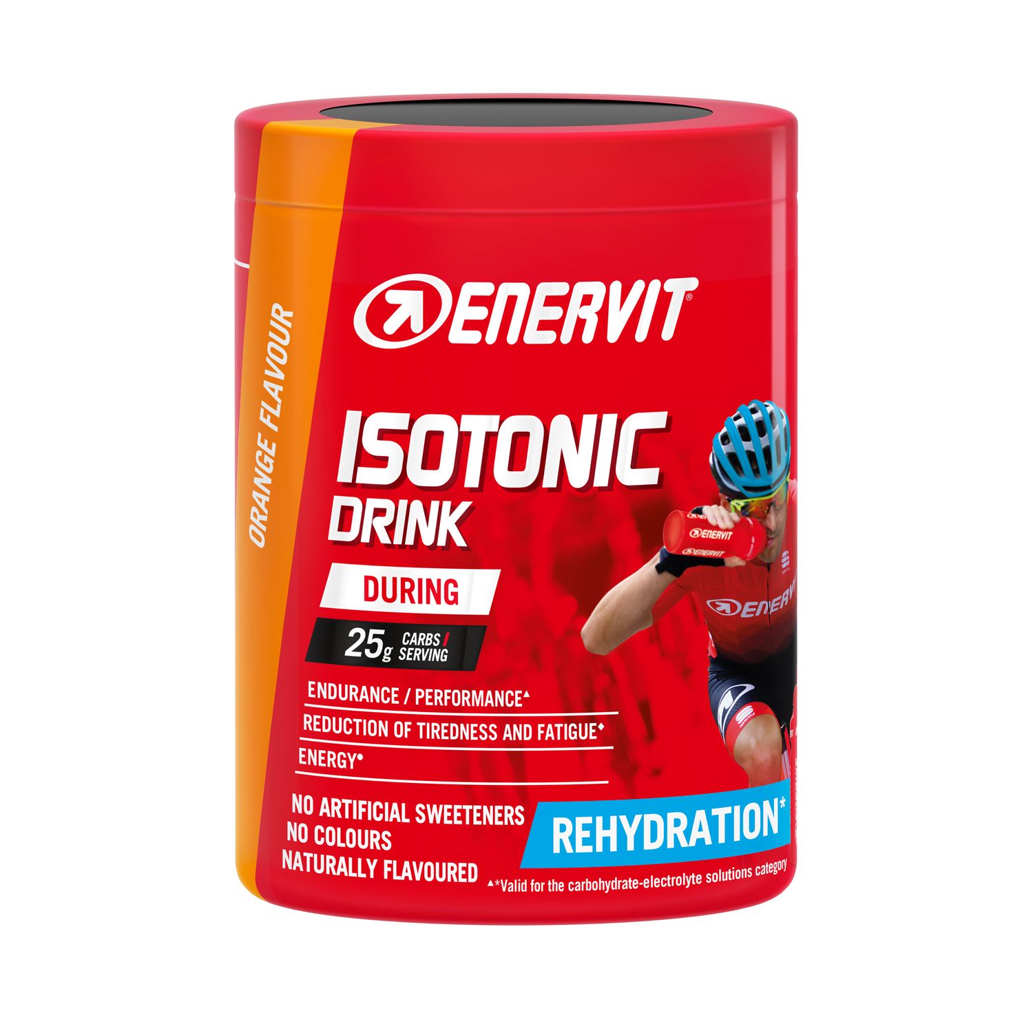 Rote Dose ENERVIT Isotonic Drink Orange. Enthält 25g Kohlenhydrate pro Portion. Für Ausdauer und Leistung. Ohne künstliche Süßstoffe.