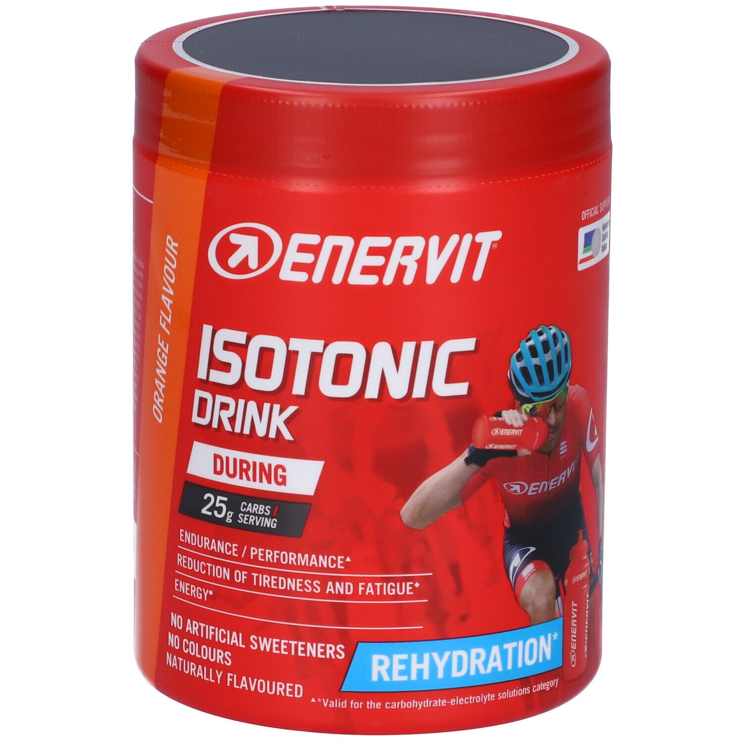 Rote Dose ENERVIT Isotonic Drink. Enthält 25g Kohlenhydrate pro Portion. Für Ausdauer und Leistung. Ohne künstliche Süßstoffe. Mit Radfahrer.