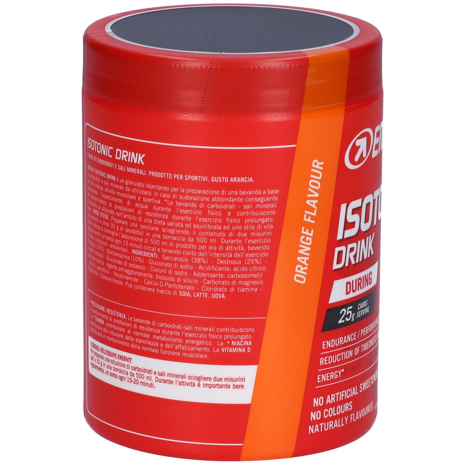 Rote Dose ENERVIT Isotonic Drink. Rückseite mit Inhaltsangaben und Warnhinweisen. Orange Flavour. Für Sportler.