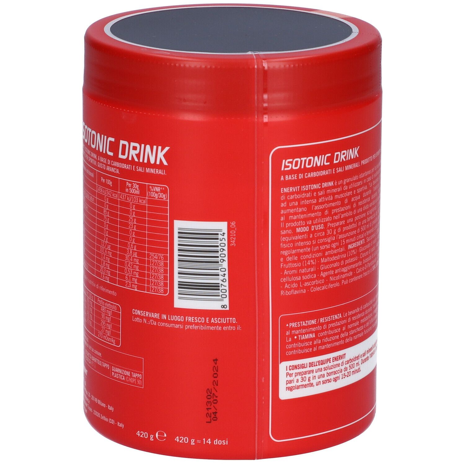 Rote Dose ENERVIT Isotonic Drink. Rückseite mit Inhaltsangaben und Warnhinweisen. 420g. MHD 04/07/2024.