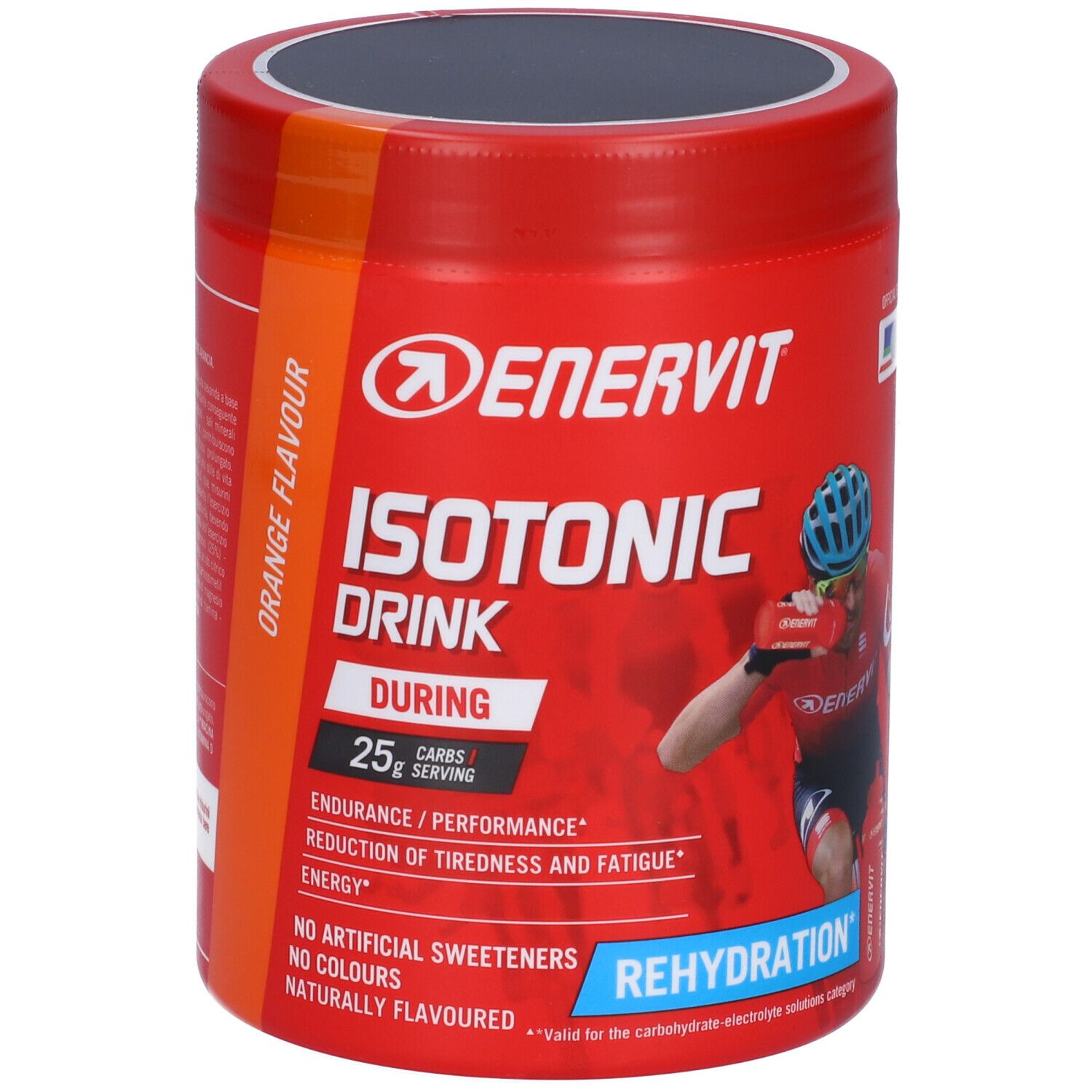 Rote Dose ENERVIT Isotonic Drink Orange. Enthält 25g Kohlenhydrate pro Portion. Für Ausdauer und Leistung. Ohne künstliche Süßstoffe. Mit Radfahrer.