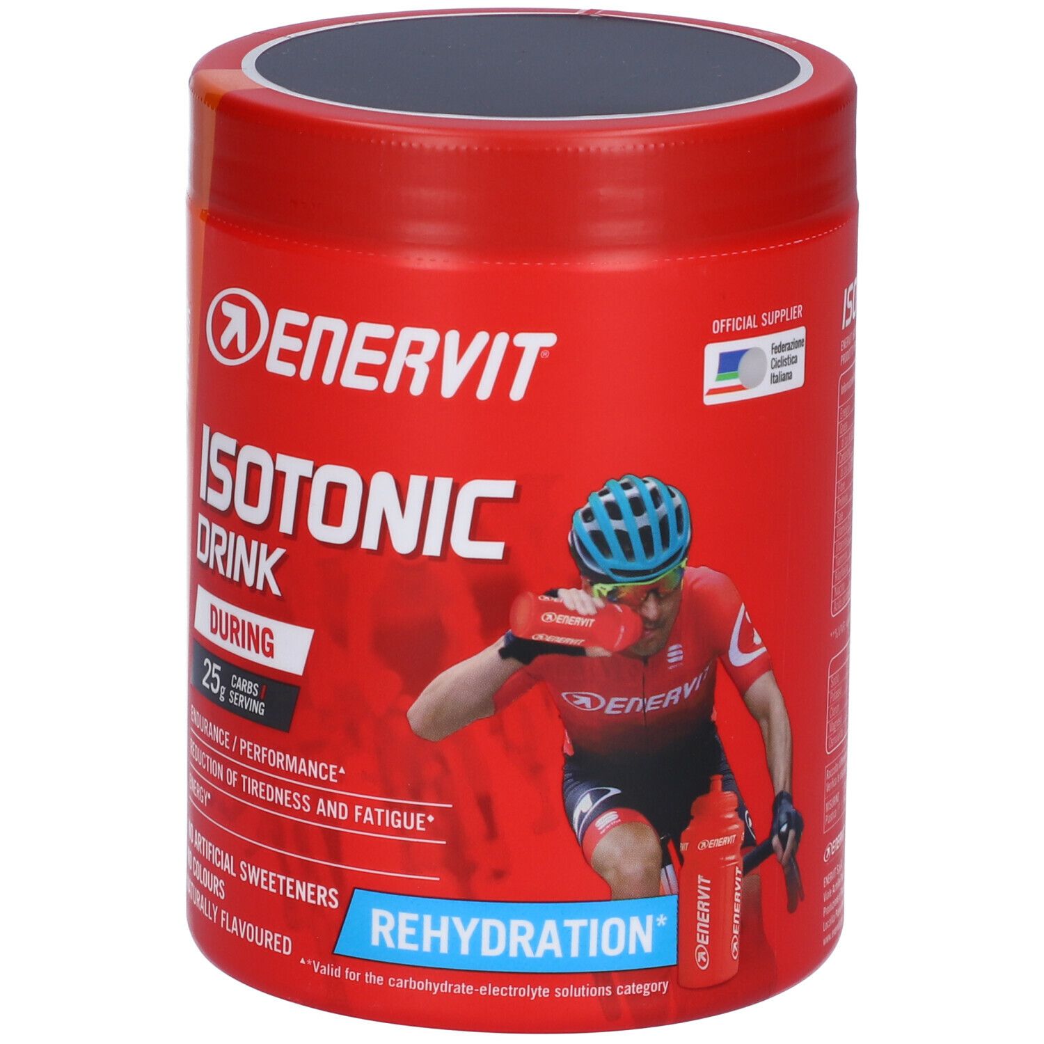 Rote Dose ENERVIT Isotonic Drink. Enthält 25g Kohlenhydrate pro Portion. Für Ausdauer und Leistung. Ohne künstliche Süßstoffe. Mit Radfahrer und Flasche.