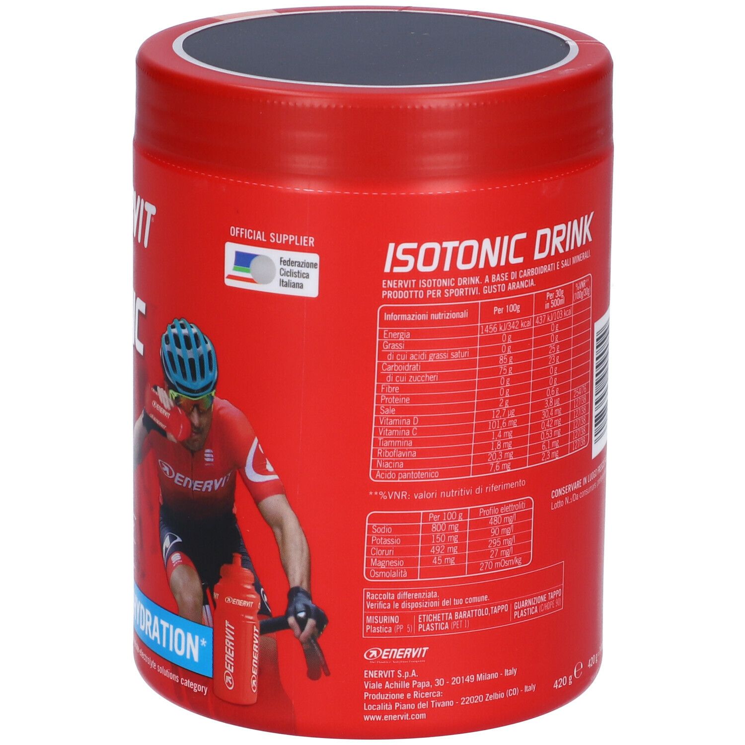 Rote Dose ENERVIT Isotonic Drink. Rückseite mit Inhaltsangaben und Warnhinweisen. Mit Radfahrer und Flasche. 420g.