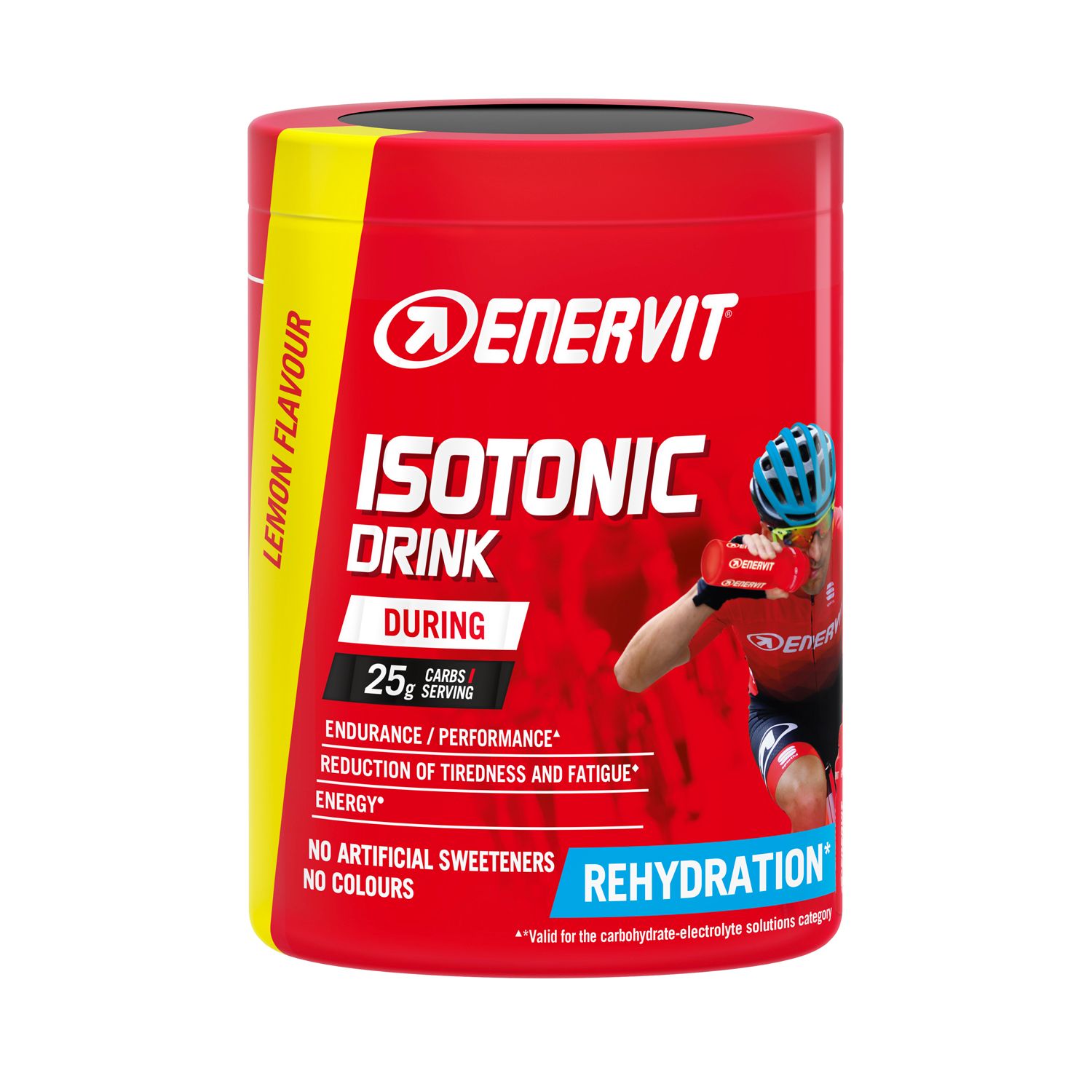Rote Dose ENERVIT Isotonic Drink. Aufschrift: Lemon Flavour, 25g Kohlenhydrate, Rehydration. Abbildung eines Radfahrers.