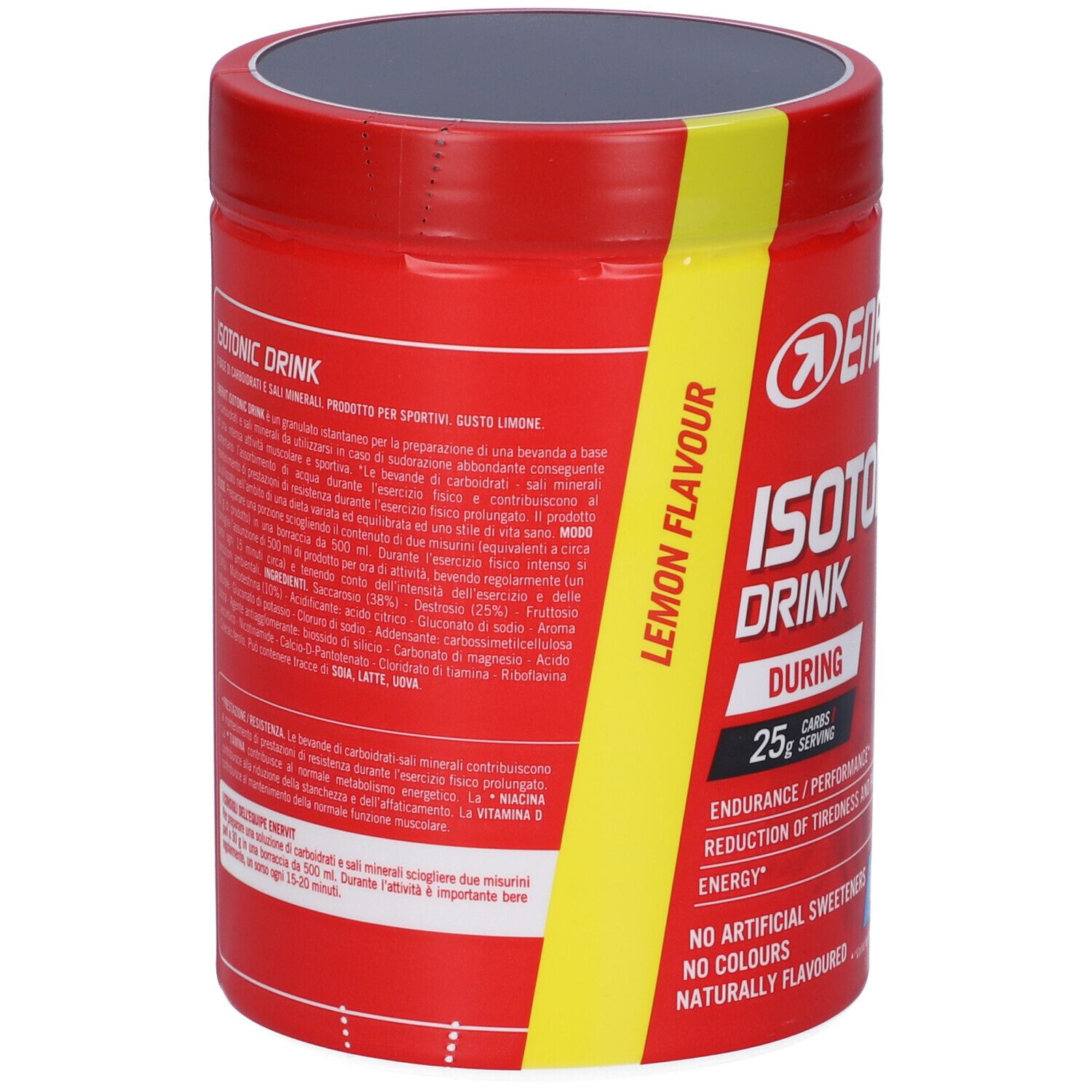 Rote Dose ENERVIT Isotonic Drink. Aufschrift: Lemon Flavour, 25g Kohlenhydrate, Rehydration. Rückseite mit Text.