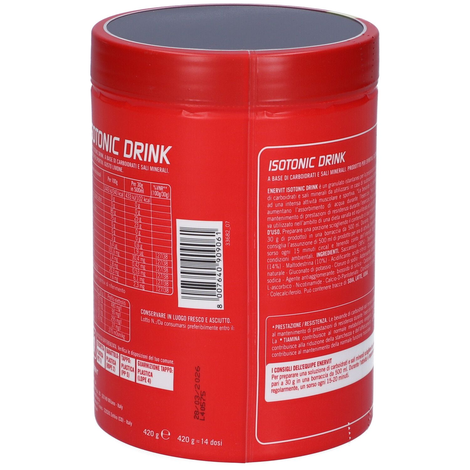 Rote Dose ENERVIT Isotonic Drink. Aufschrift: Lemon Flavour, 25g Kohlenhydrate, Rehydration. Rückseite mit Text.