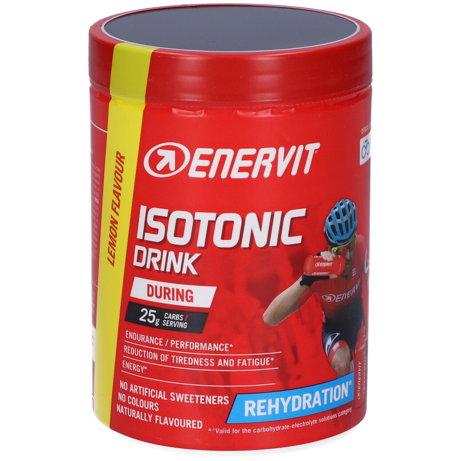 Rote Dose ENERVIT Isotonic Drink. Aufschrift: Lemon Flavour, 25g Kohlenhydrate, Rehydration. Abbildung eines Radfahrers.