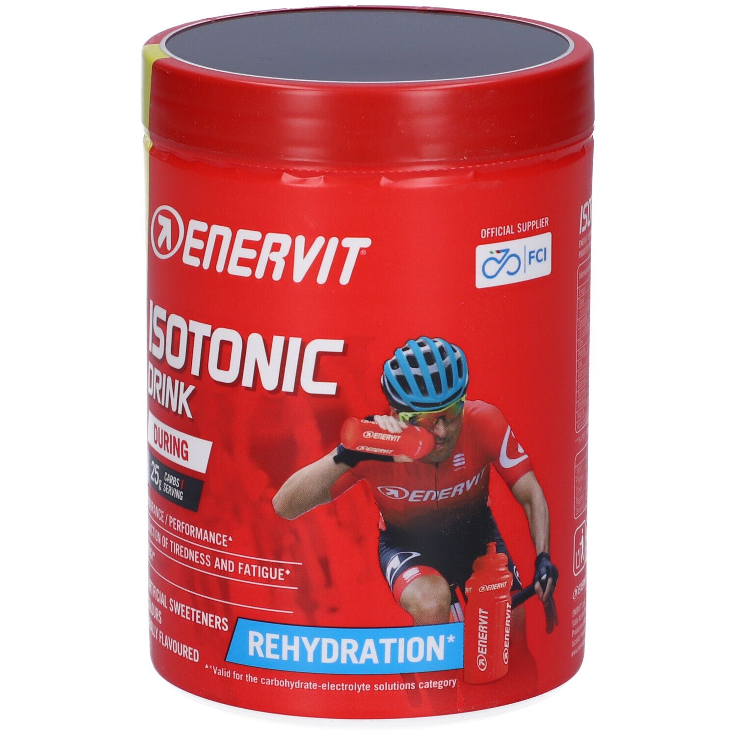 Rote Dose ENERVIT Isotonic Drink. Aufschrift: Lemon Flavour, 25g Kohlenhydrate, Rehydration. Abbildung eines Radfahrers.