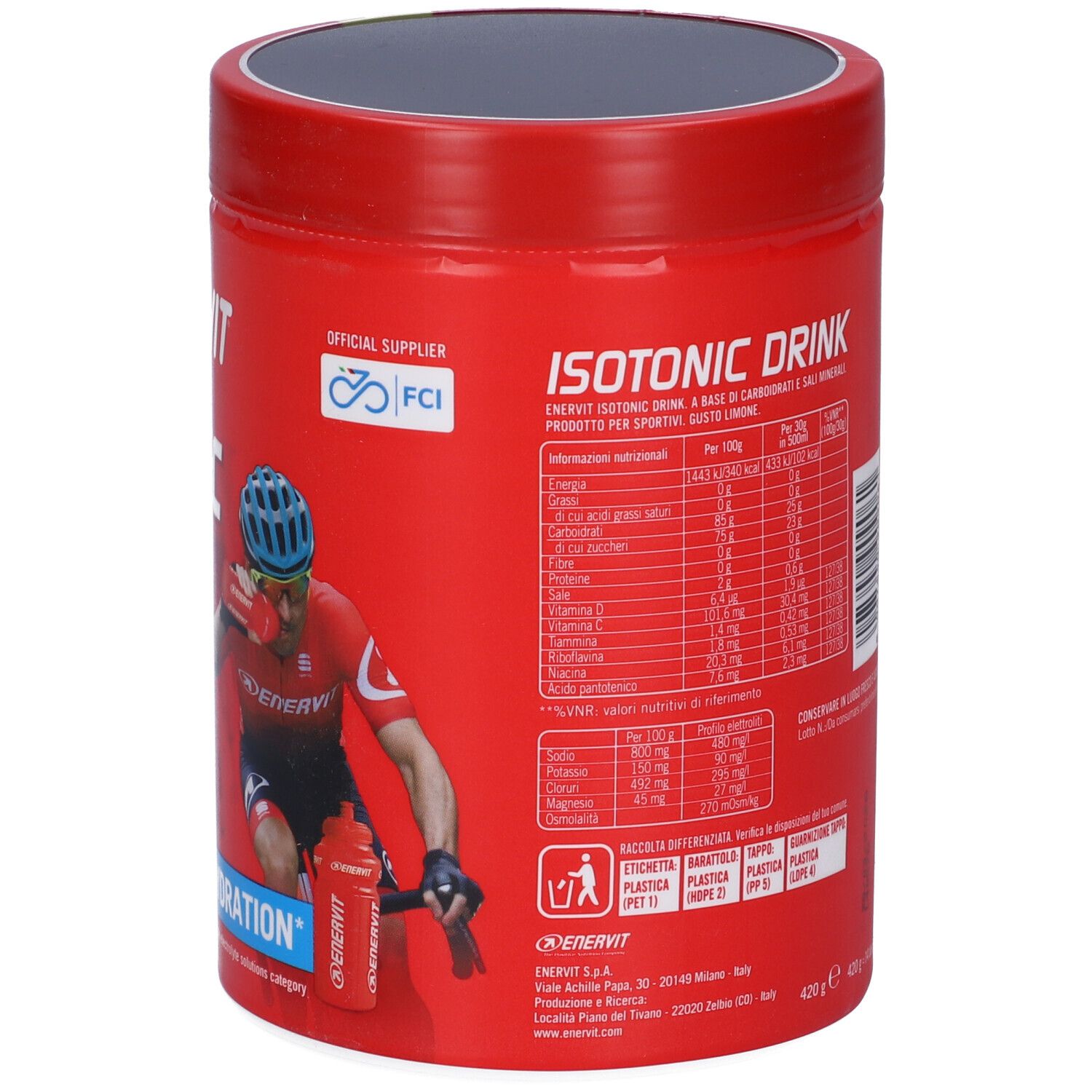 Rote Dose ENERVIT Isotonic Drink. Aufschrift: Lemon Flavour, 25g Kohlenhydrate, Rehydration. Rückseite mit Text.