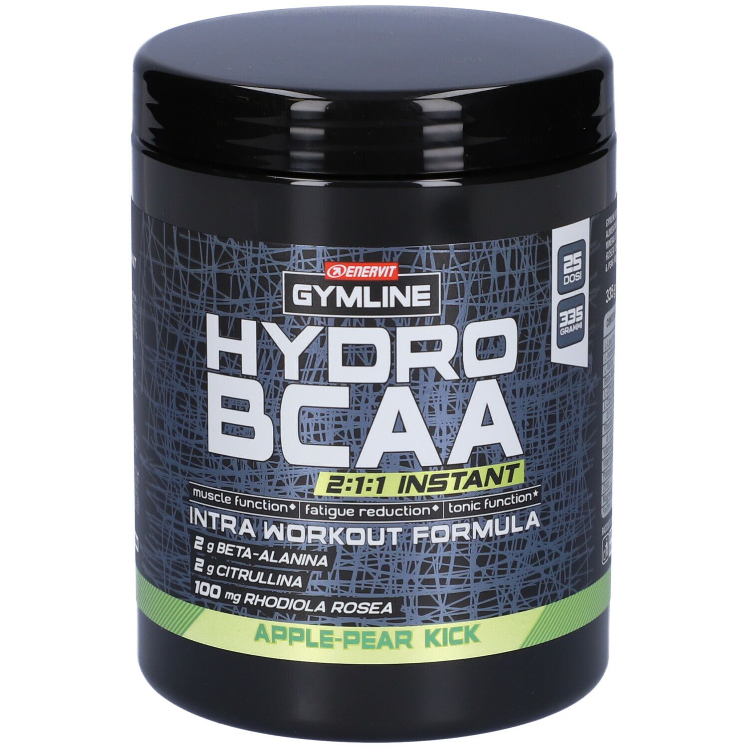Barattolo nero ENERVIT Gymline Hydro BCAA 2:1:1 Instant. Scritta: Intra Workout Formula, Apple-Pear Kick.
