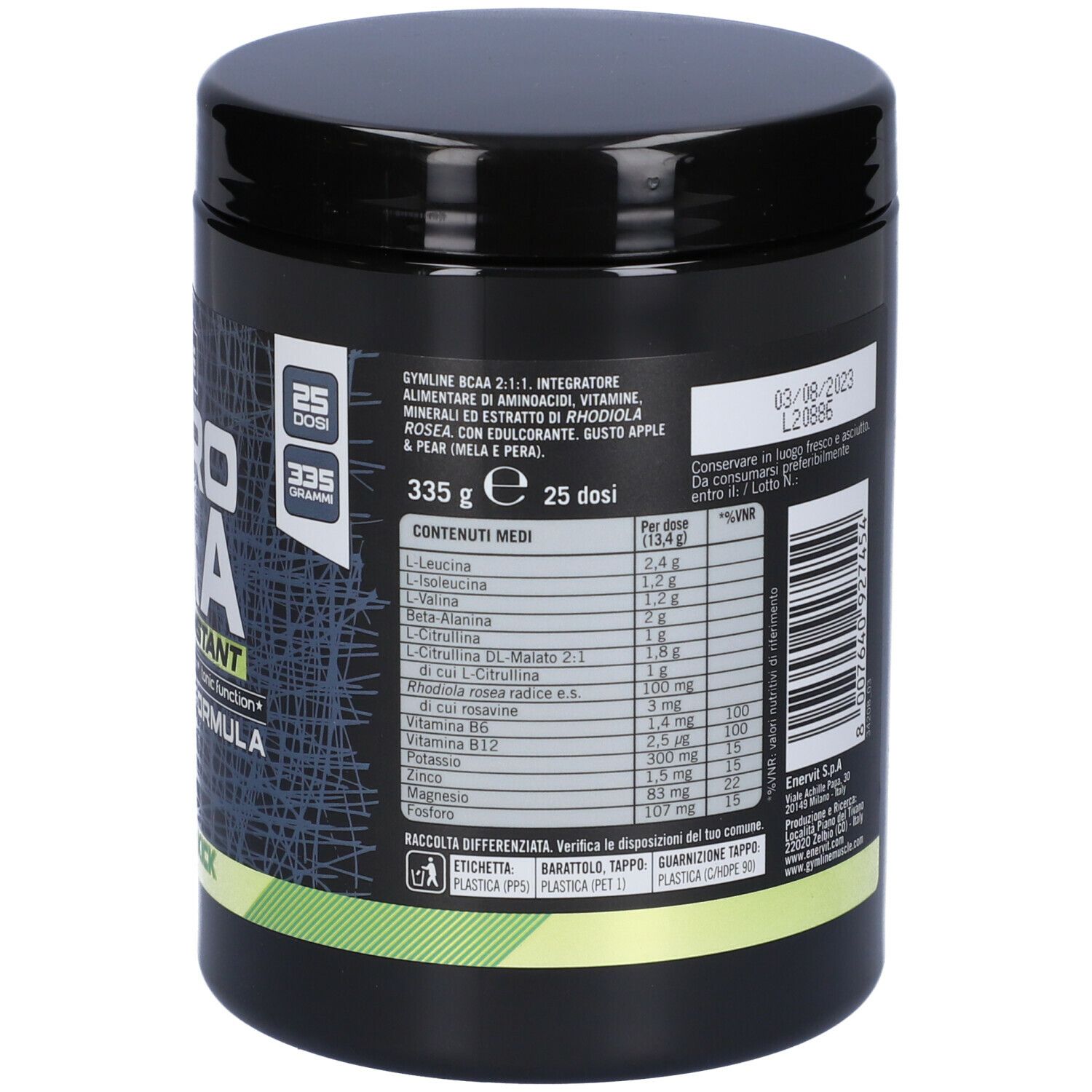 Barattolo nero con testo. Retro con informazioni nutrizionali e ingredienti. ENERVIT Gymline Hydro BCAA 2:1:1 Instant.