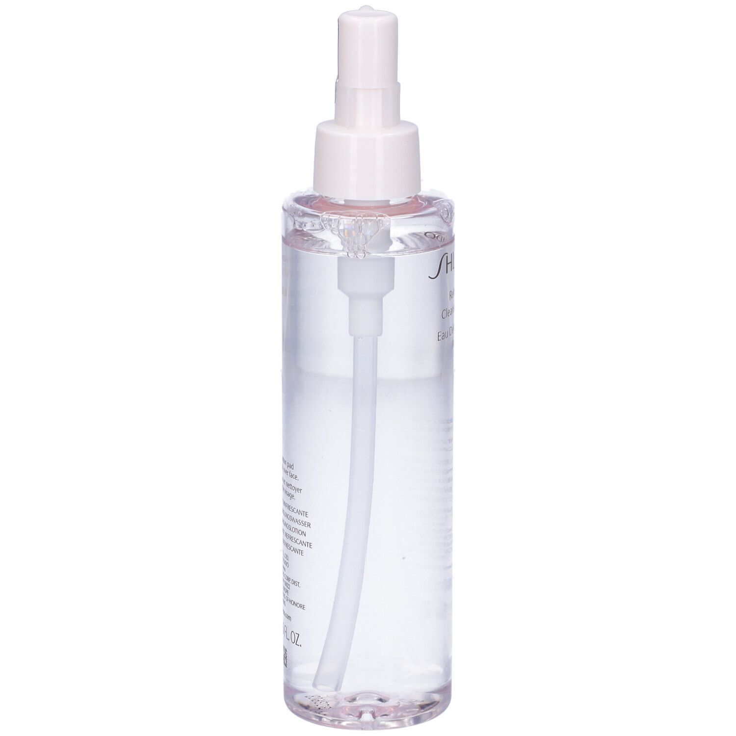 Flacone trasparente con vaporizzatore. Scritta: SHISEIDO Refreshing Cleansing Water. Scritte in francese e inglese.