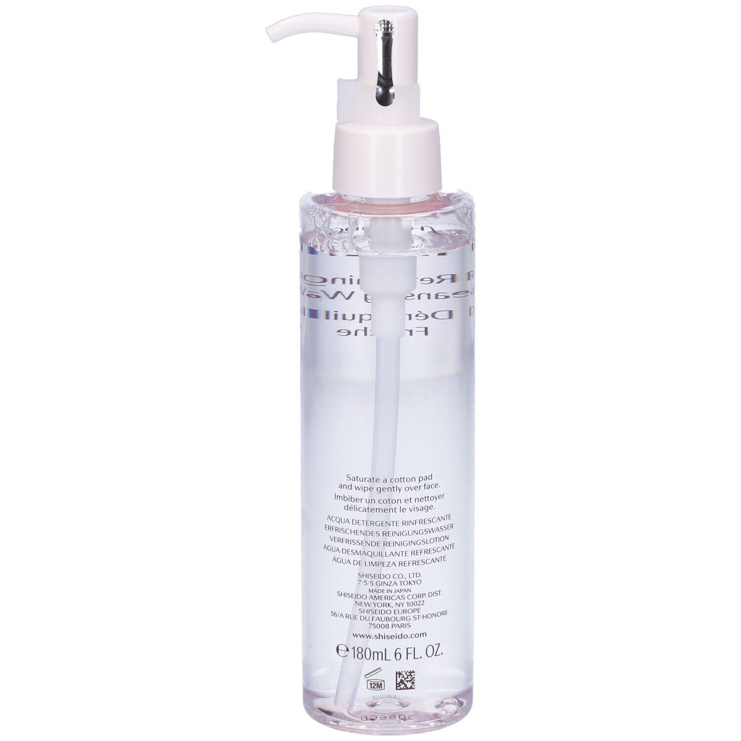 Retro di un flacone trasparente con pompa. Scritta: SHISEIDO Refreshing Cleansing Water. Scritte in francese e inglese.