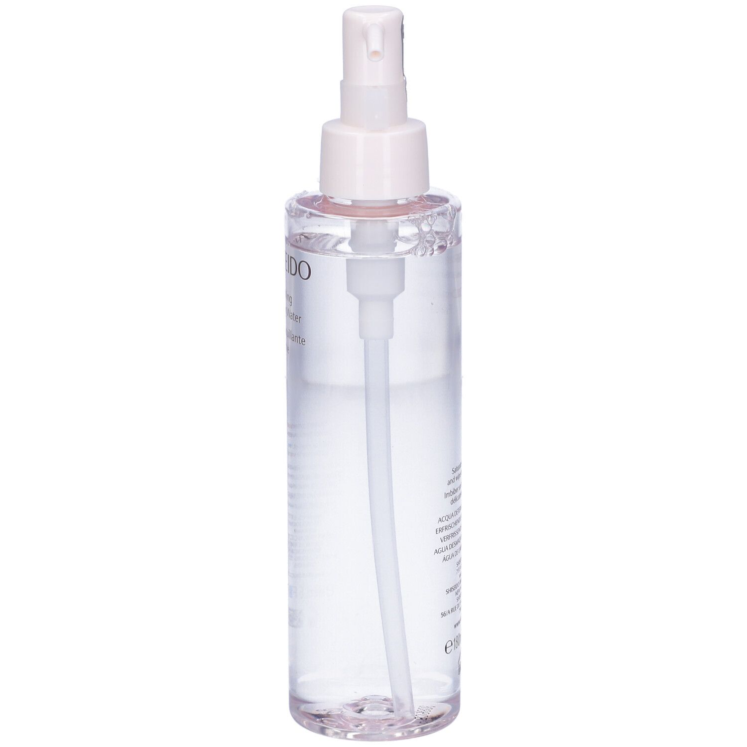 Flacone trasparente con pompa. Scritta: SHISEIDO Refreshing Cleansing Water. Scritte in francese e inglese.