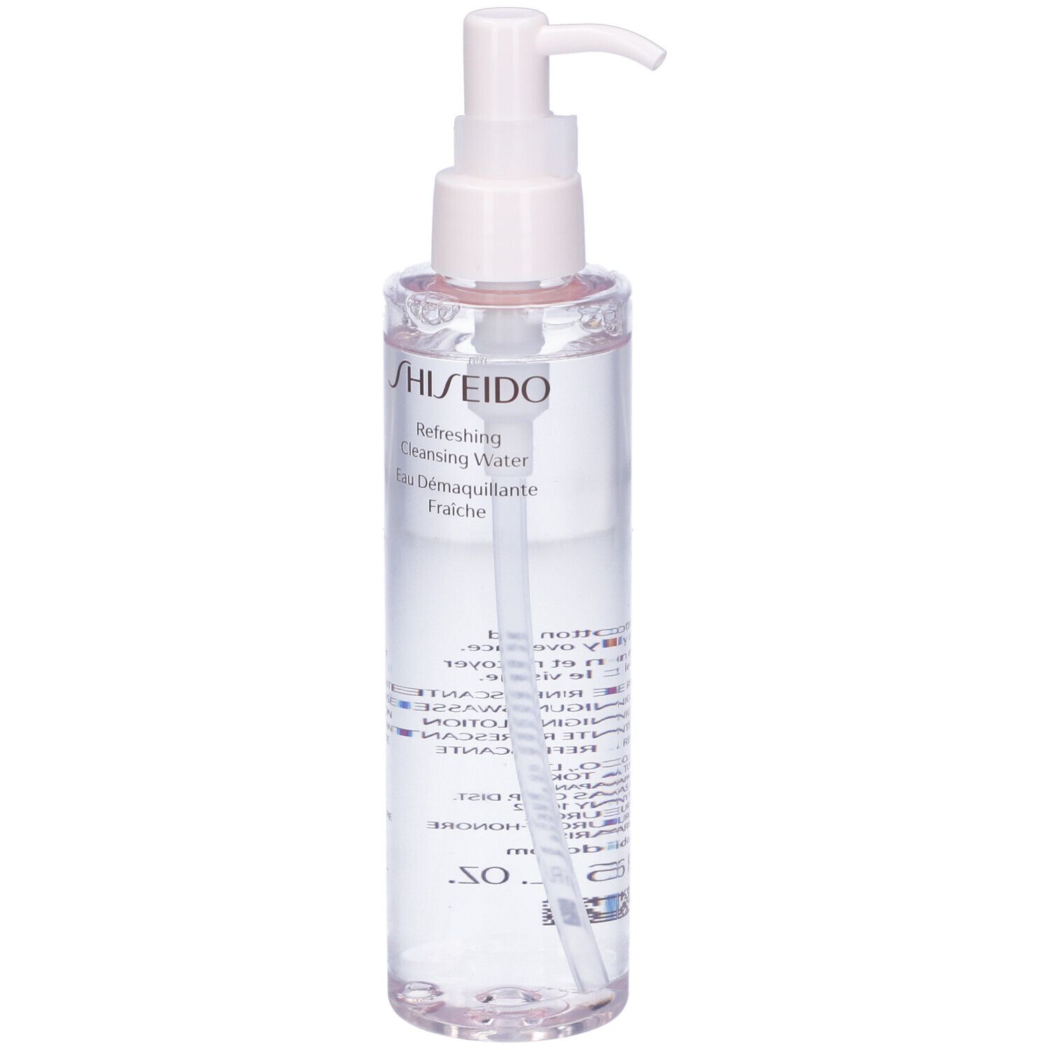Flacone trasparente con pompa. Scritta: SHISEIDO Refreshing Cleansing Water. Scritte in francese e inglese.