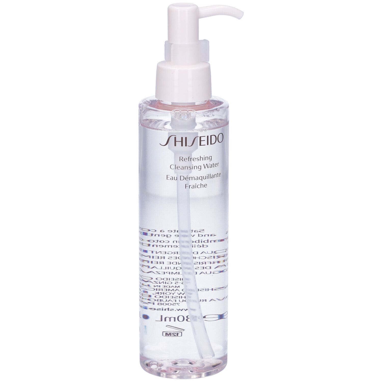 Flacone trasparente con pompa. Scritta: SHISEIDO Refreshing Cleansing Water. Scritte in francese e inglese.