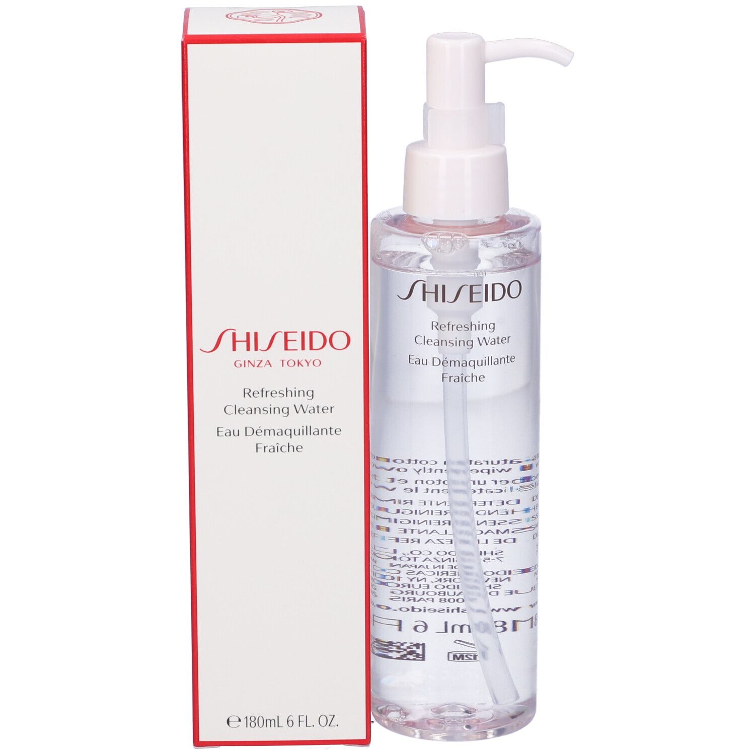 Prodotto e confezione. Flacone trasparente con pompa e scatola. Scritta: SHISEIDO Refreshing Cleansing Water.