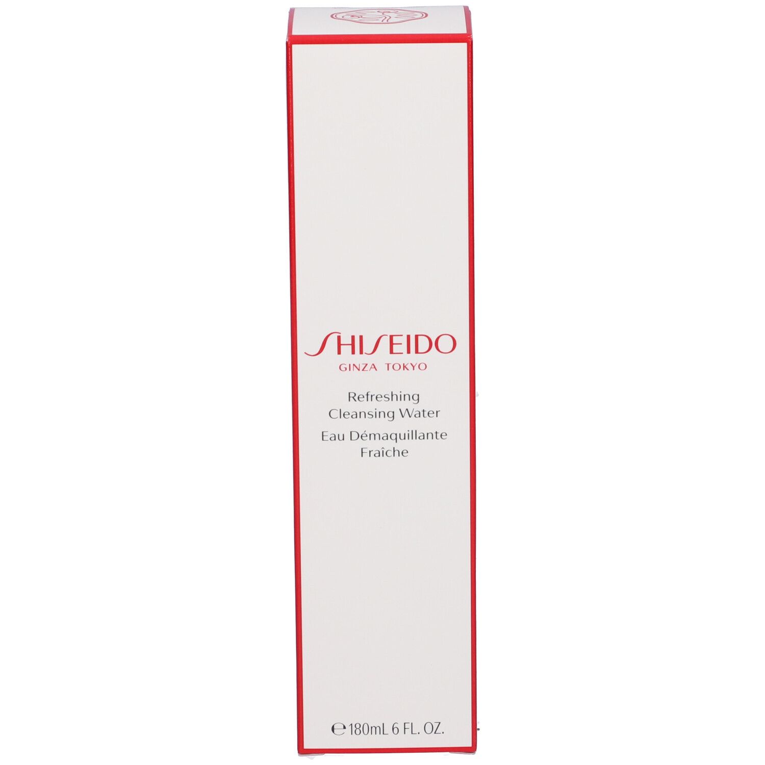 Confezione. Scatola bianca con scritte rosse. Scritta: SHISEIDO Refreshing Cleansing Water. Ginza Tokyo.