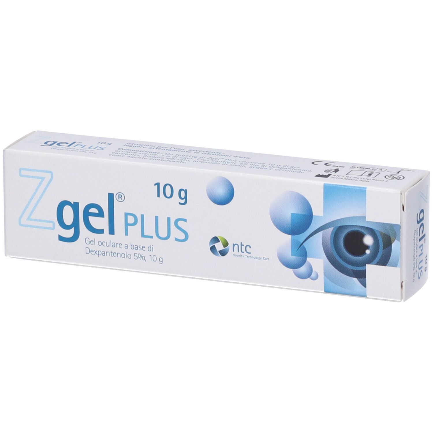Confezione di Zgel PLUS, 10 g. Scritta: Gel oculare a base di Dexpantenolo 5%. Immagine di un occhio.