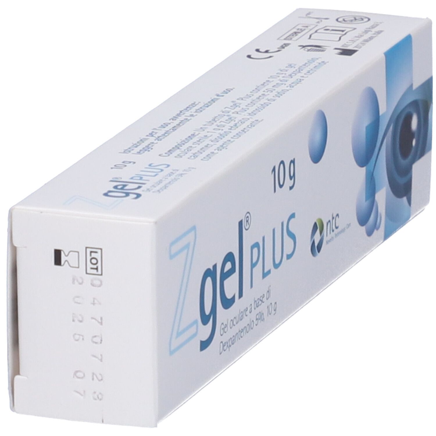 Scatola di Zgel PLUS, 10 g. Scritta: Gel oculare a base di Dexpantenolo 5%. Retro con testo e numero di lotto.