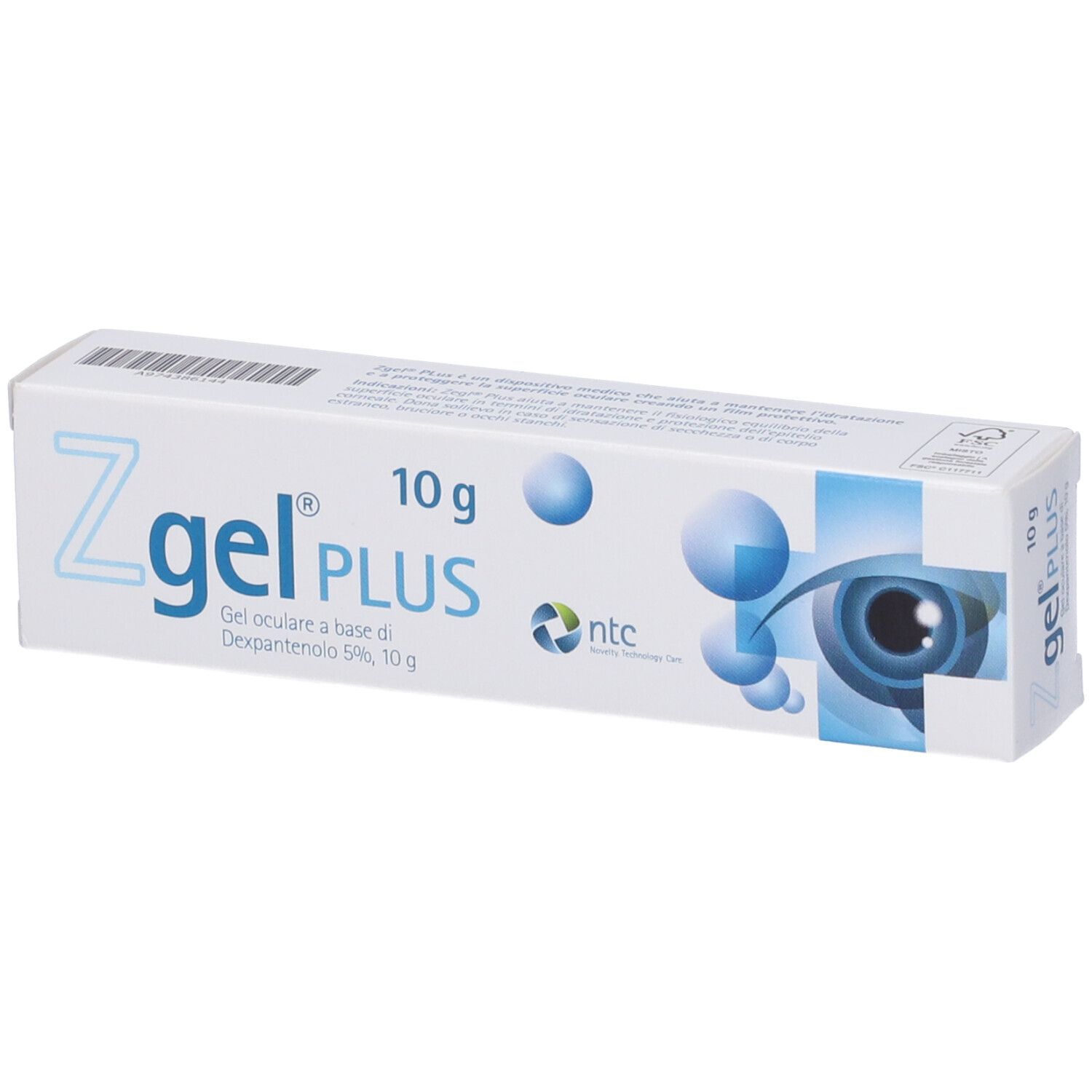 Confezione di Zgel PLUS, 10 g. Scritta: Gel oculare a base di Dexpantenolo 5%. Immagine di un occhio.