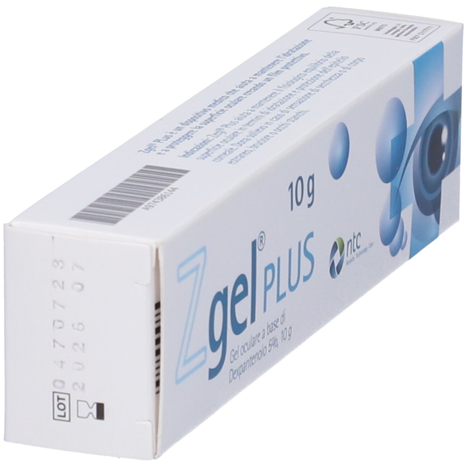 Scatola di Zgel PLUS, 10 g. Scritta: Gel oculare a base di Dexpantenolo 5%. Retro con testo e numero di lotto.