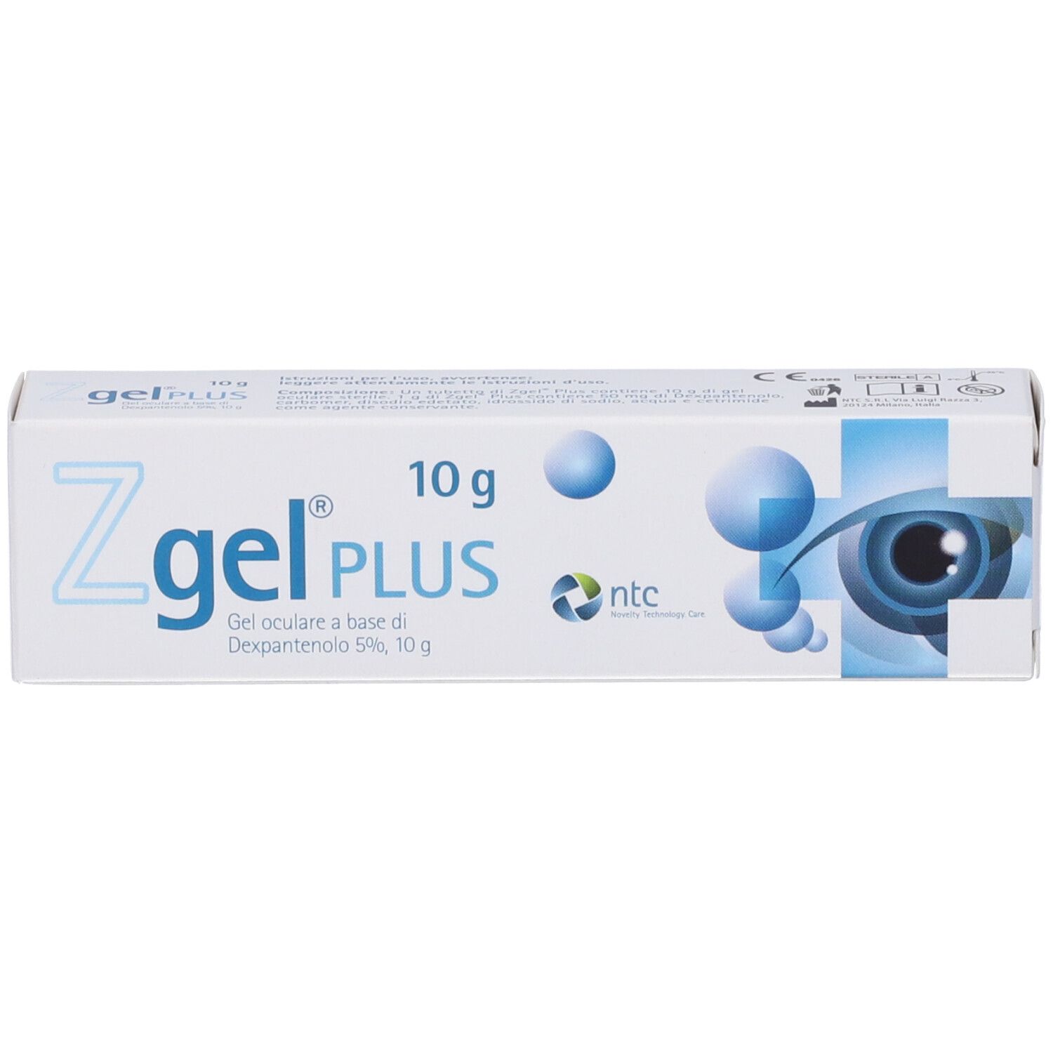 Confezione di Zgel PLUS, 10 g. Scritta: Gel oculare a base di Dexpantenolo 5%. Immagine di un occhio.