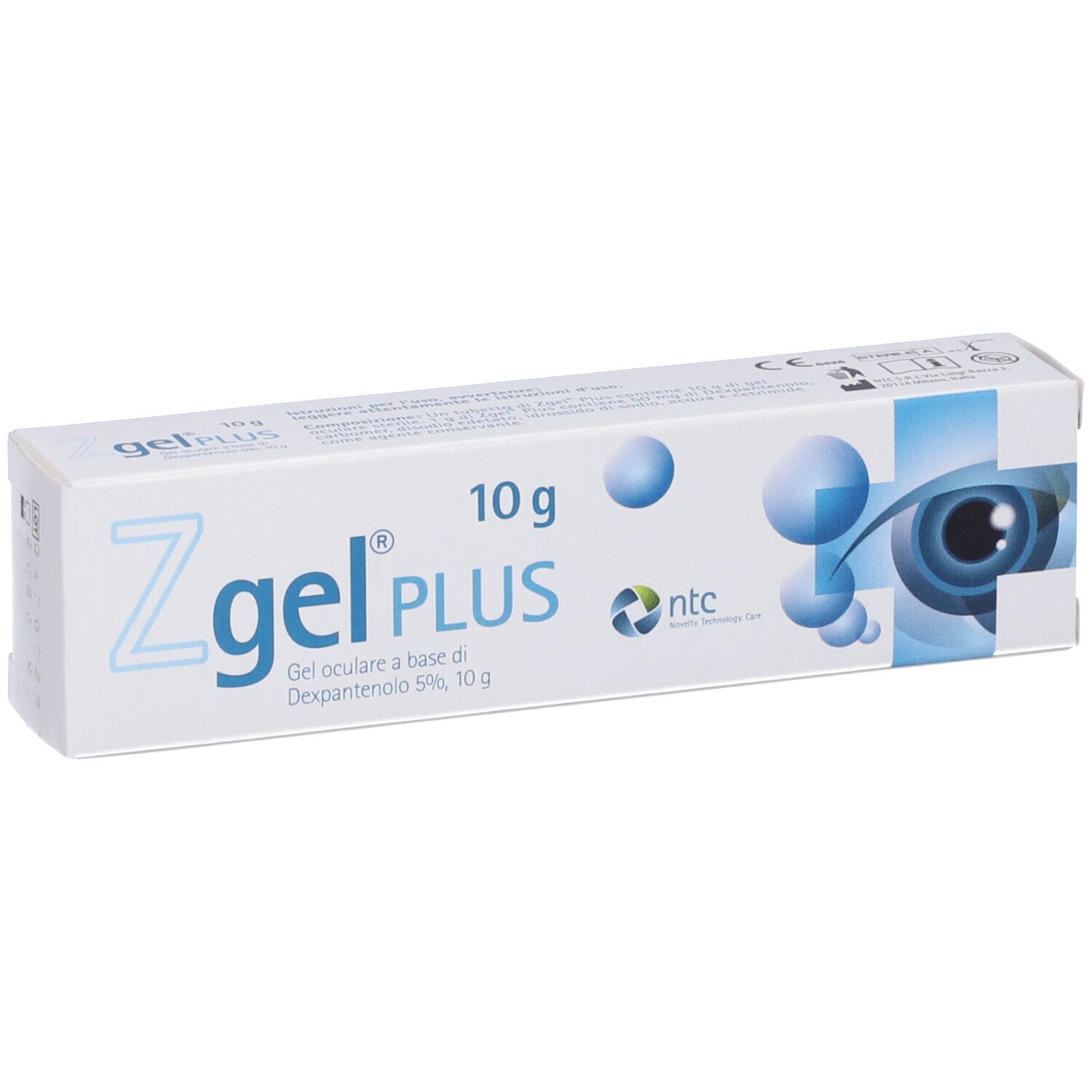 Confezione di Zgel PLUS, 10 g. Scritta: Gel oculare a base di Dexpantenolo 5%. Immagine di un occhio.