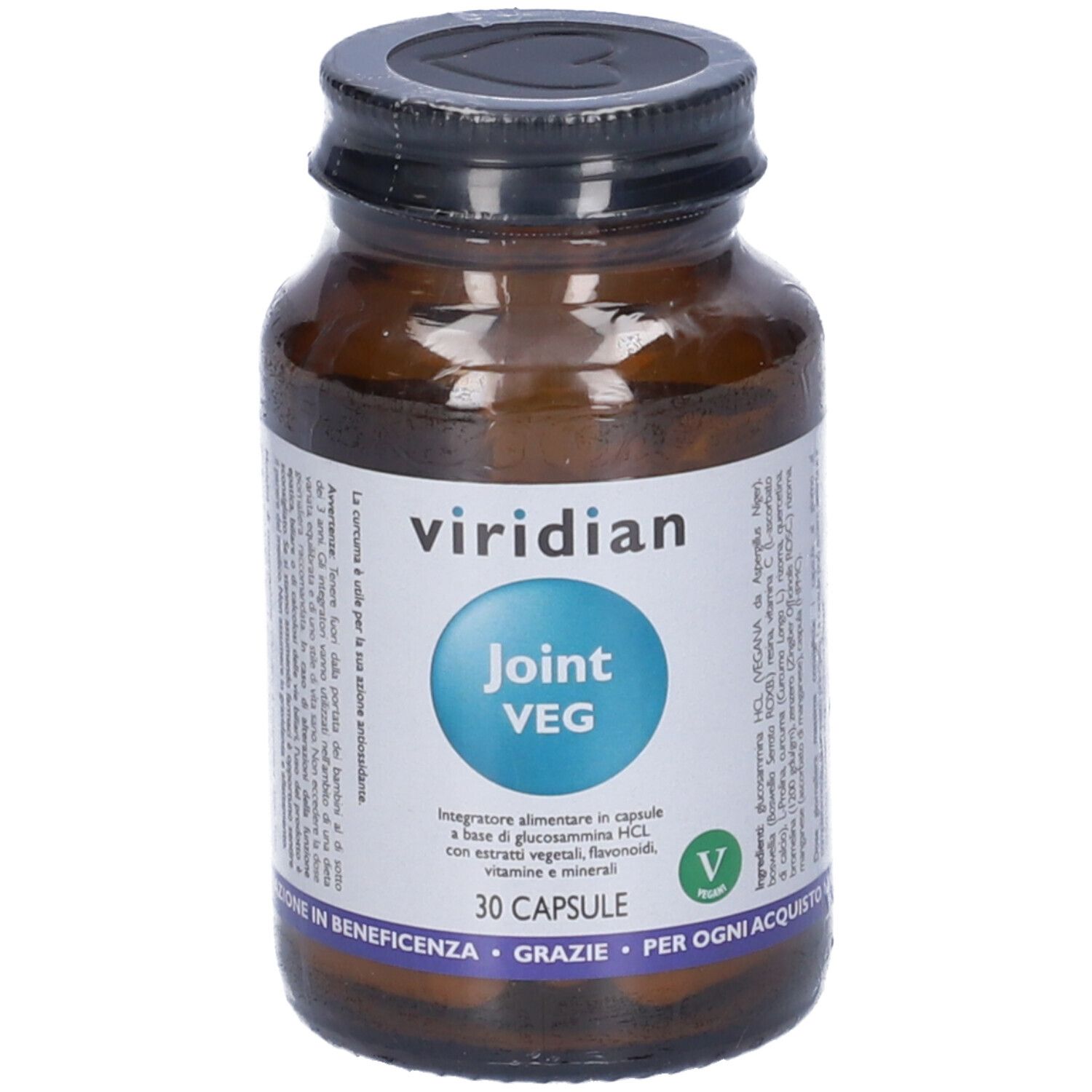 Flacone di vetro marrone con tappo nero. Etichetta con "viridian", "Joint VEG" e 30 capsule. Logo vegano.