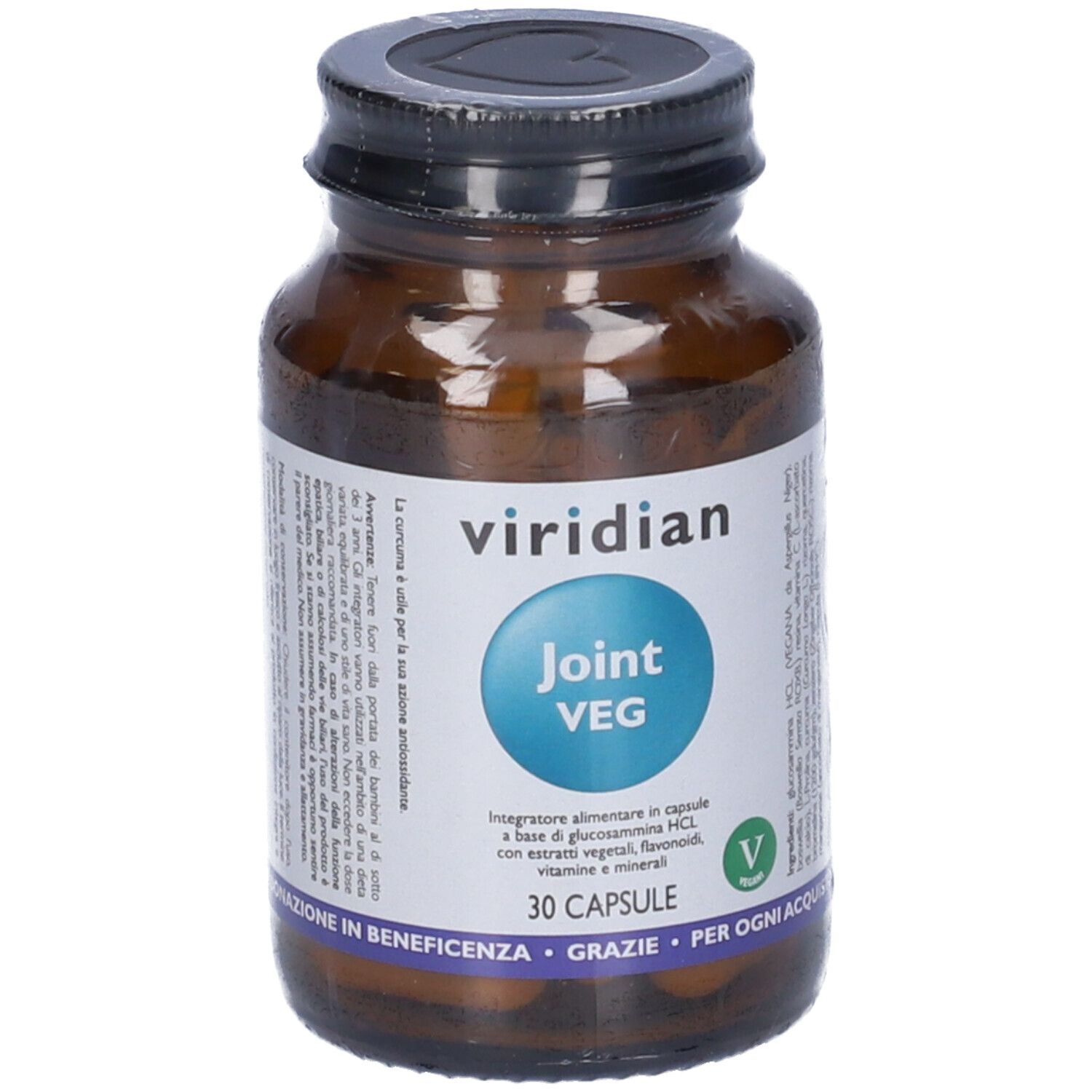 Flacone di vetro marrone con tappo nero. Etichetta con "viridian", "Joint VEG" e 30 capsule. Logo vegano.