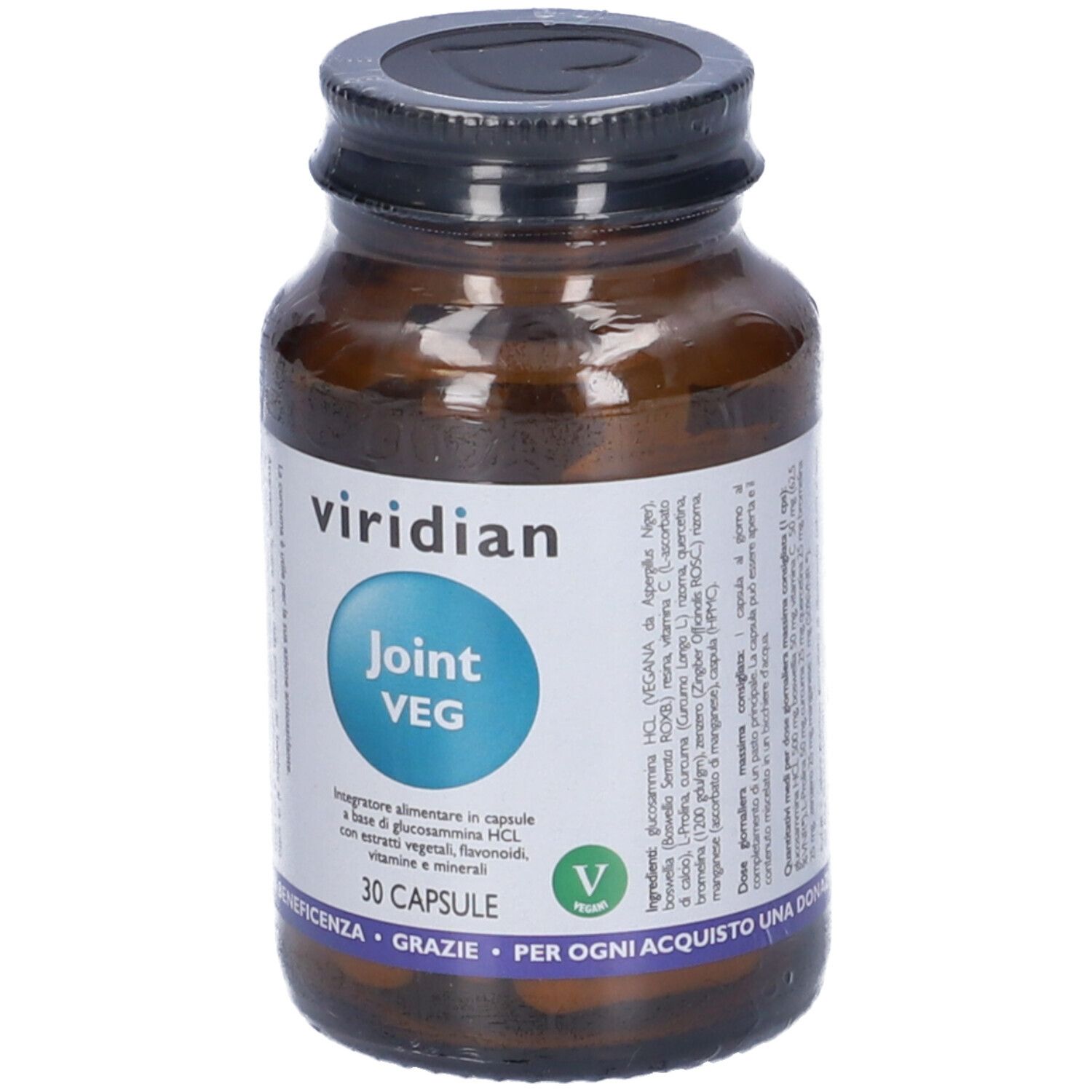 Flacone di vetro marrone con tappo nero. Etichetta con "viridian", "Joint VEG" e 30 capsule. Logo vegano.