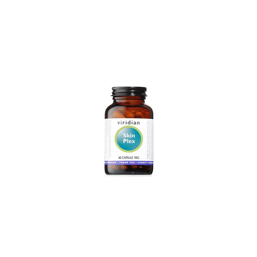 Flacone di vetro marrone con tappo nero. Etichetta "Skin Plex" e "60 Capsule Veg". Marchio: Viridian.