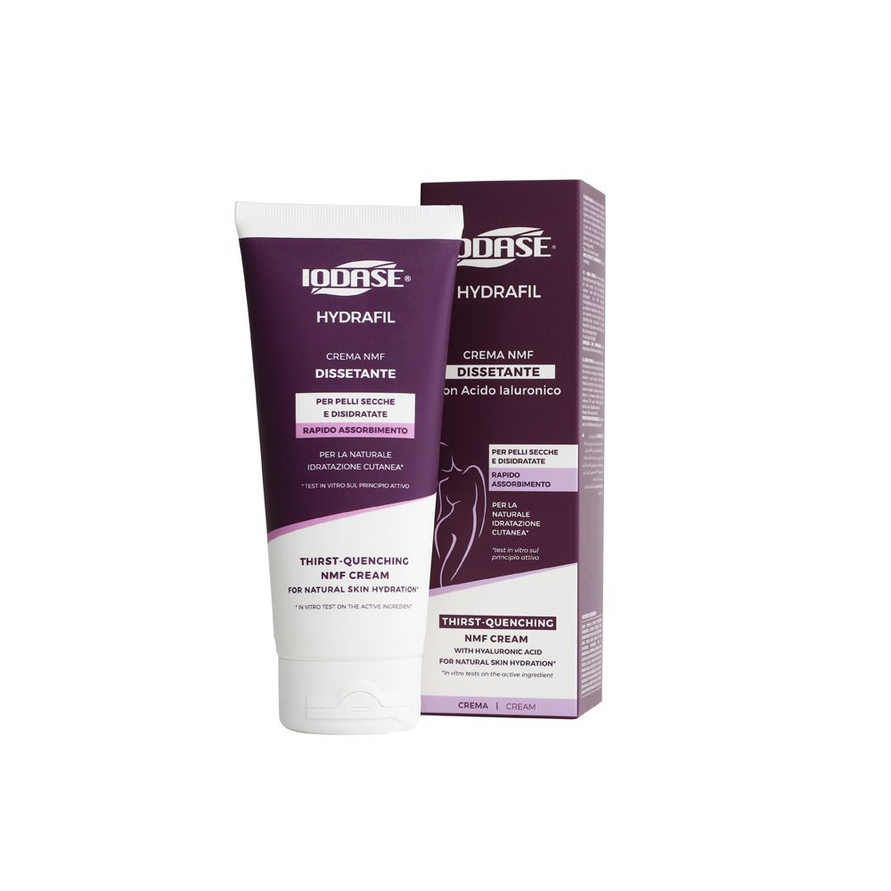 Tubo e scatola di crema-gel. Marca Iodase, nome prodotto Hydrafil. Confezione viola e bianca. Testo: Crema NMF, per pelli secche.