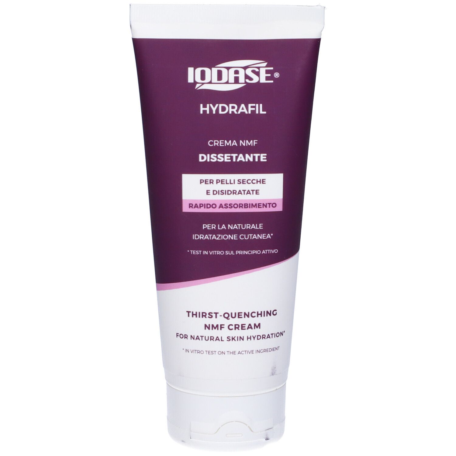 Tubo di crema-gel. Marca Iodase, nome prodotto Hydrafil. Confezione viola e bianca. Testo: Crema NMF, per pelli secche e rapido assorbimento.