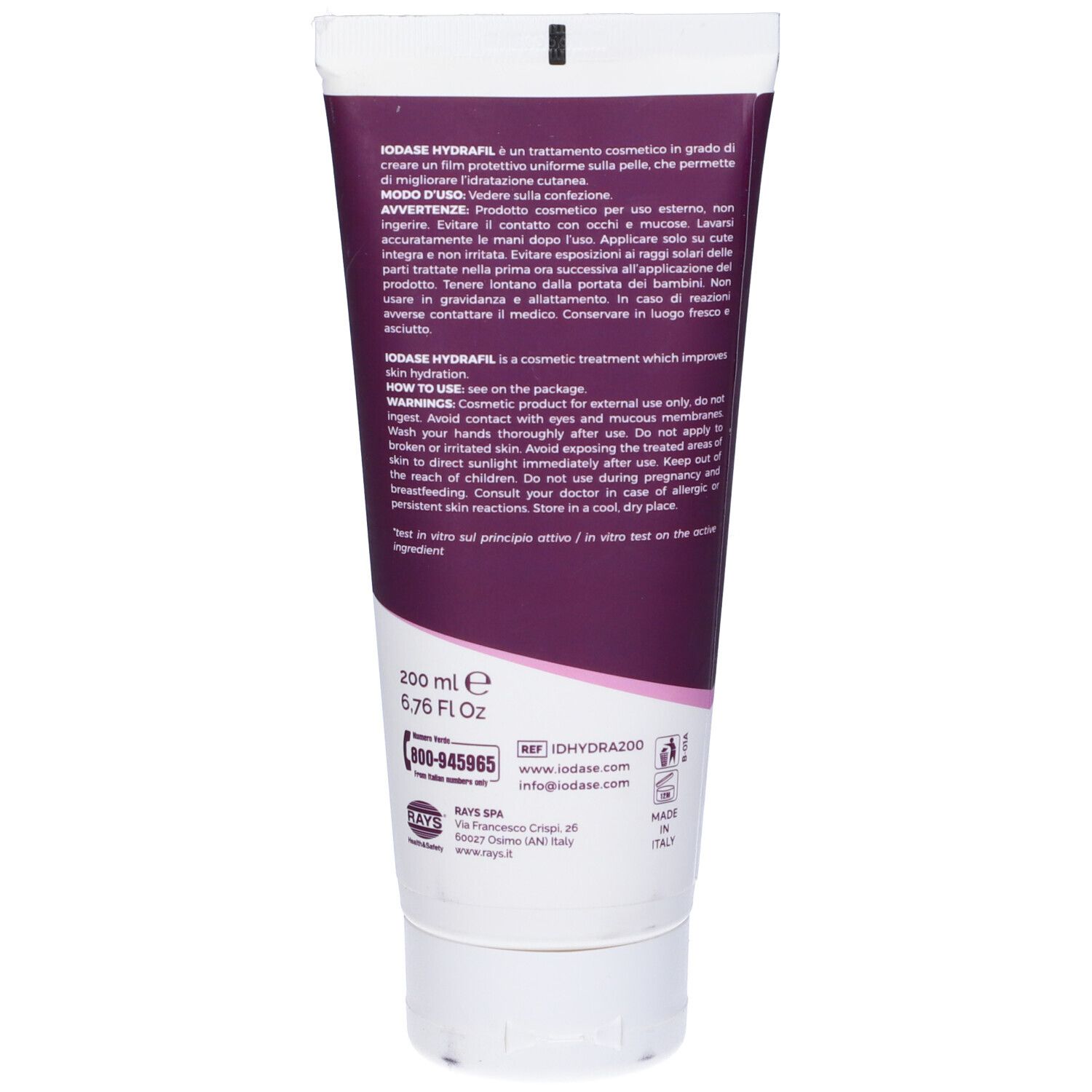 Retro del tubo di crema-gel. Testo: 200 ml, 6.76 Fl Oz. Informazioni sull'uso e ingredienti. Marca Iodase, Hydrafil.