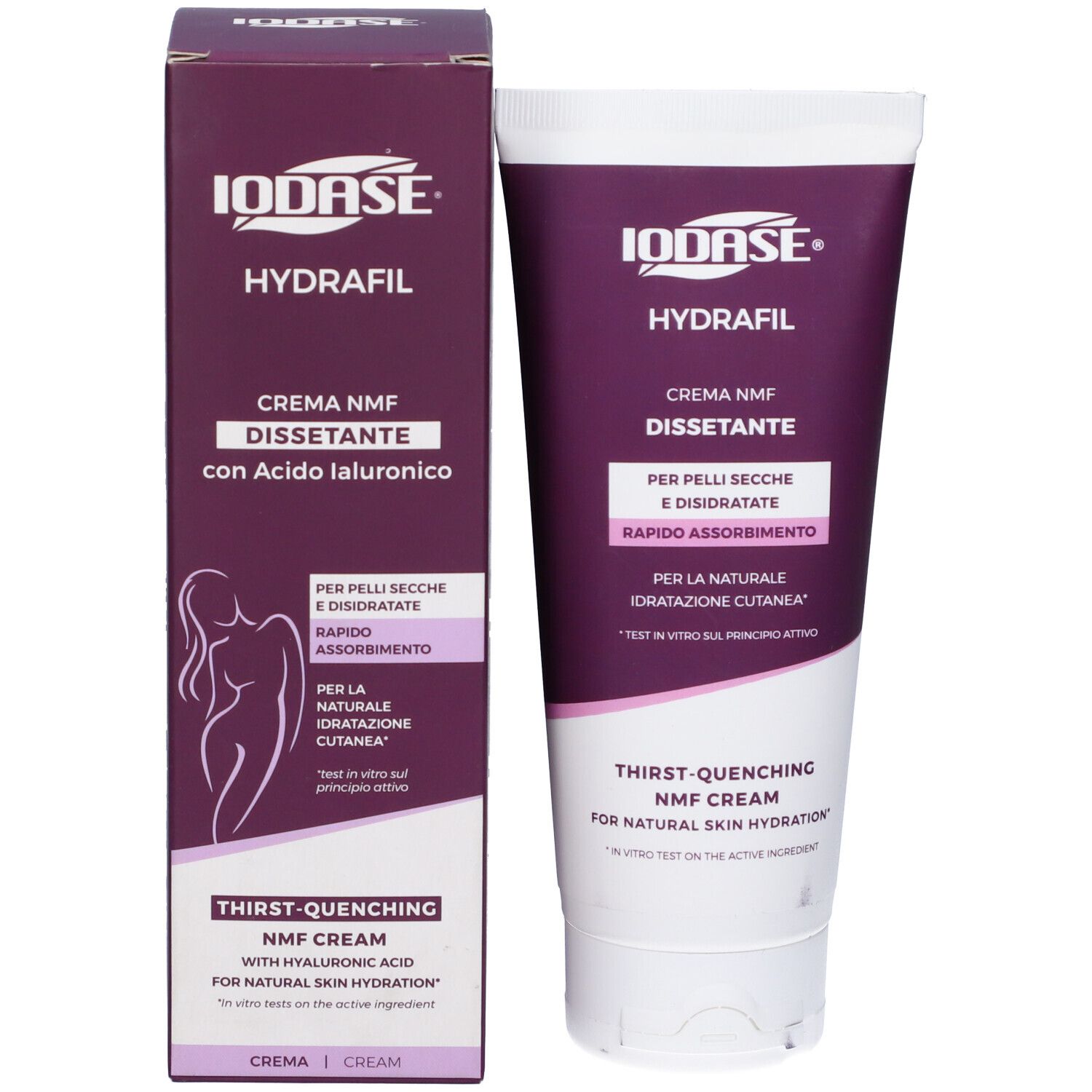 Tubo e scatola di crema-gel. Marca Iodase, nome prodotto Hydrafil. Confezione viola e bianca. Testo: Crema NMF con acido ialuronico.