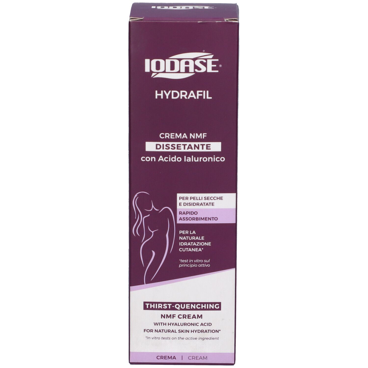 Scatola. Marca Iodase, nome prodotto Hydrafil. Confezione viola e bianca. Testo: Crema NMF con acido ialuronico. Silhouette di una donna.