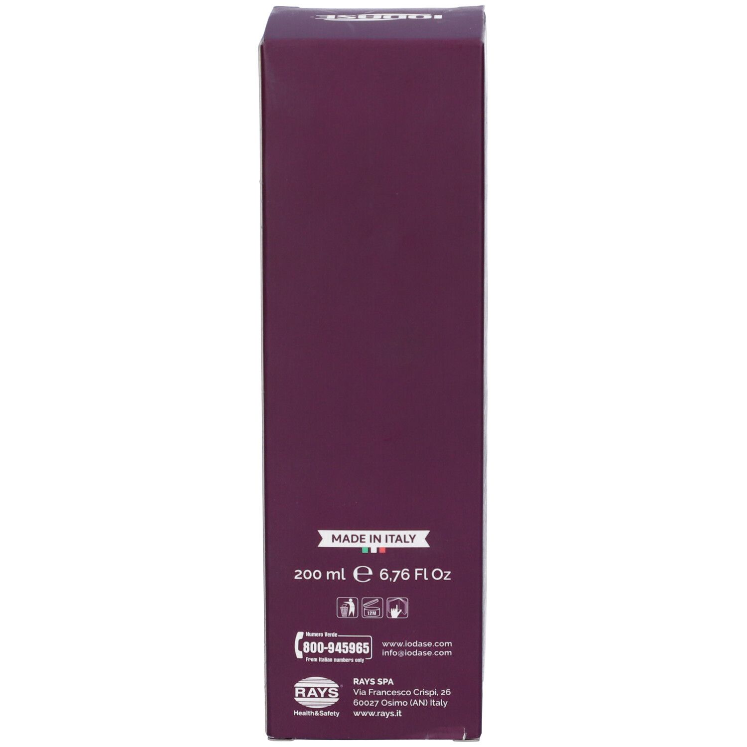 Lato della scatola. Testo: 200 ml, 6.76 Fl Oz. Prodotto in Italia. Informazioni di contatto. Marca Iodase.
