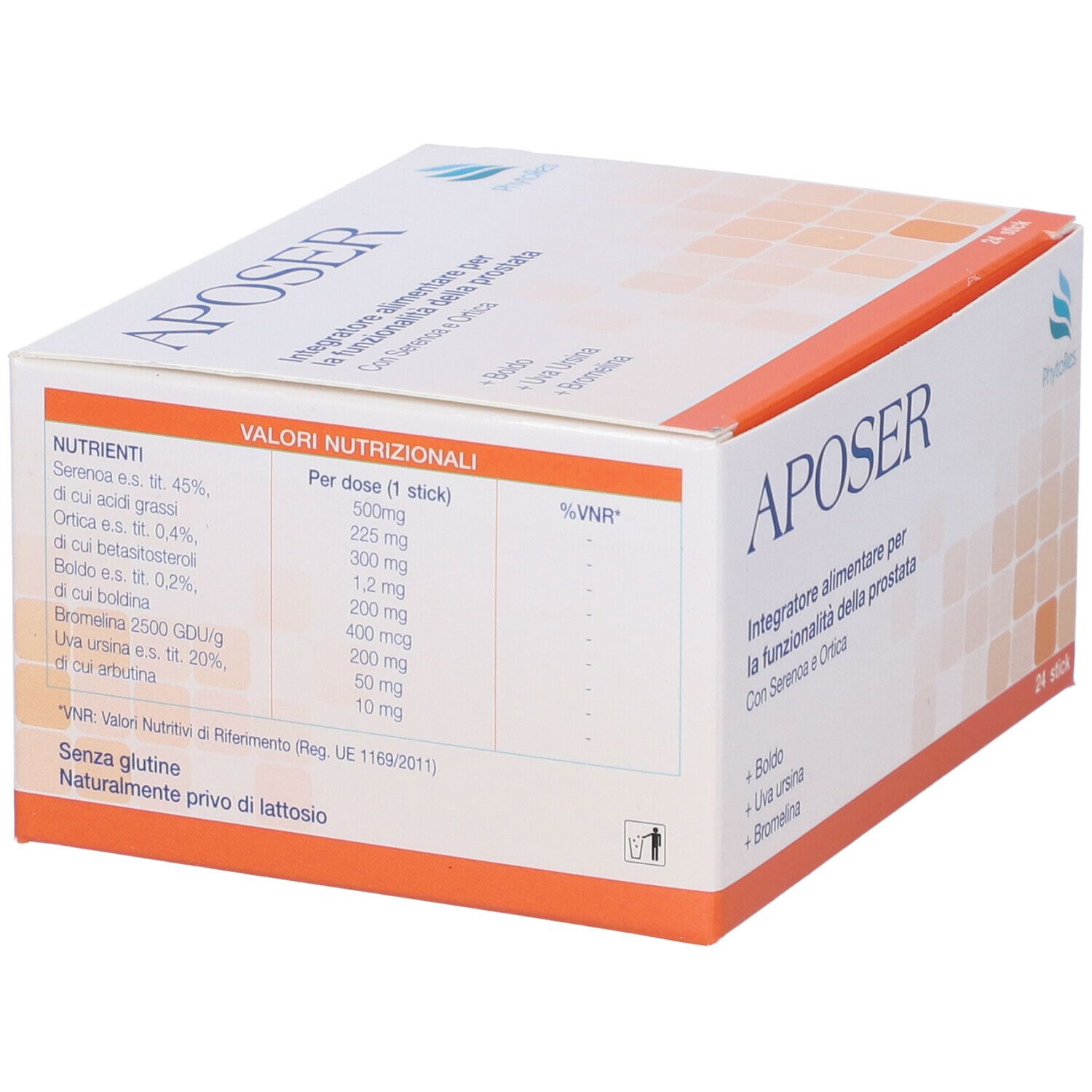 Confezione "Aposer" con informazioni nutrizionali. Testo in italiano. Contiene 24 stick.