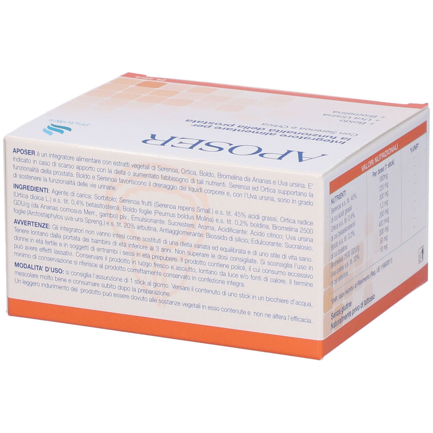 Confezione "Aposer" con testo in italiano. Contiene 24 stick. Loghi e ingredienti.