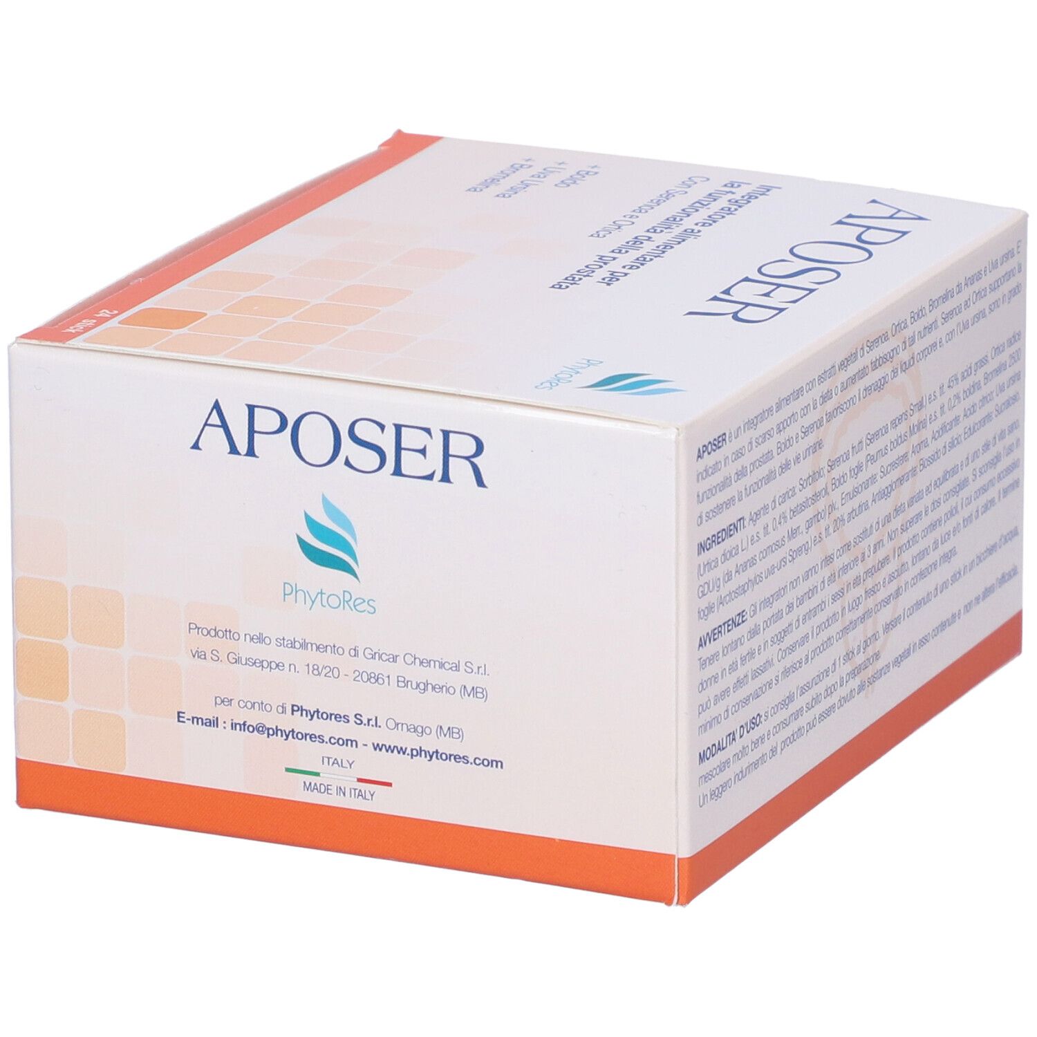 Confezione "Aposer" con loghi e testo in italiano. Prodotto in Italia.