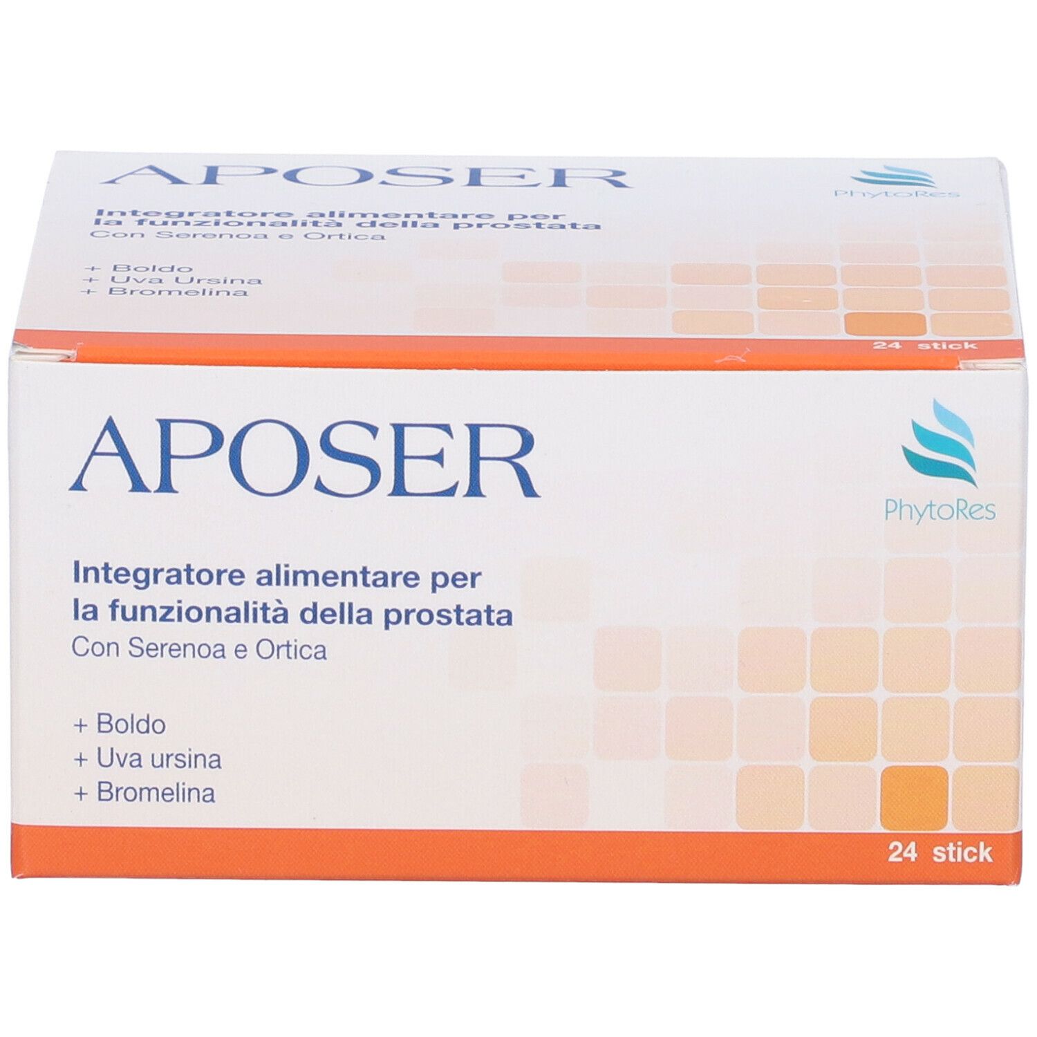 Confezione "Aposer" con 24 stick. Testo in italiano. Loghi e ingredienti.