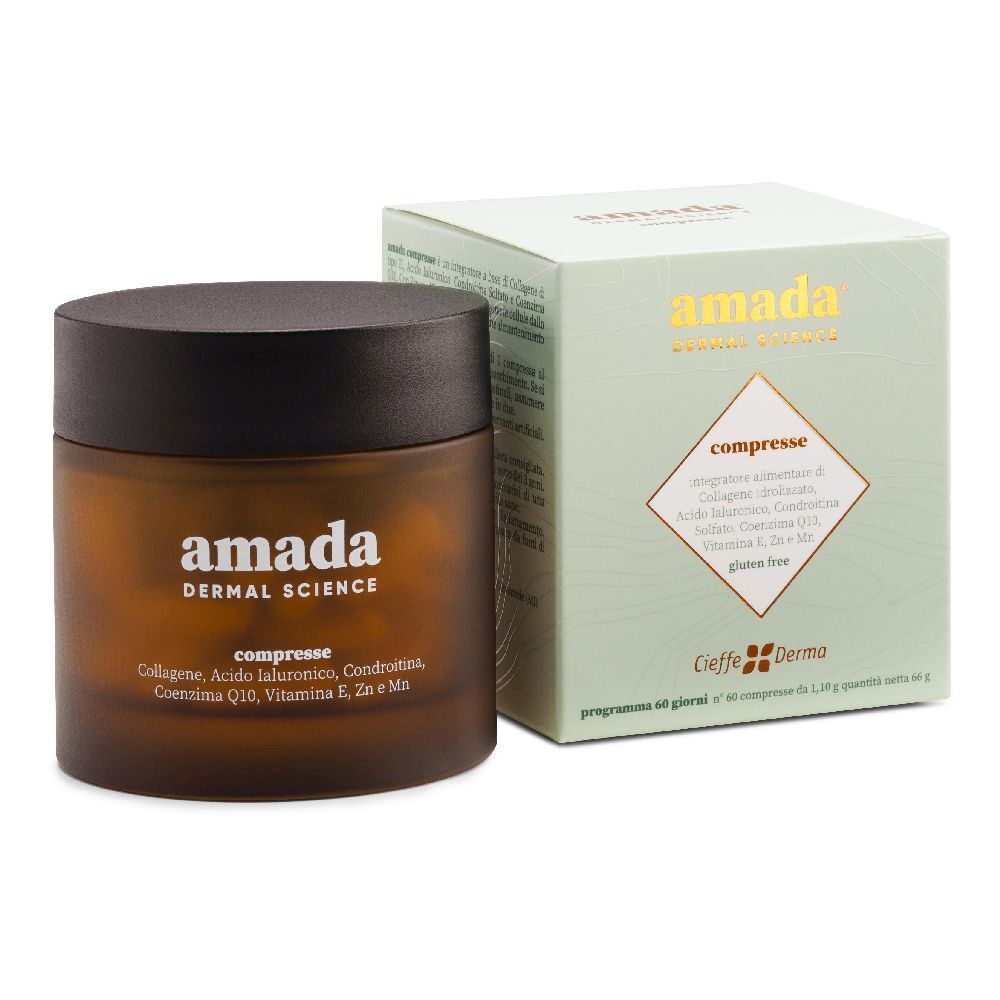 Barattolo marrone con coperchio nero e scatola verde. Scritta: amada, compresse. Contiene collagene, acido ialuronico, condroitina, coenzima Q10.