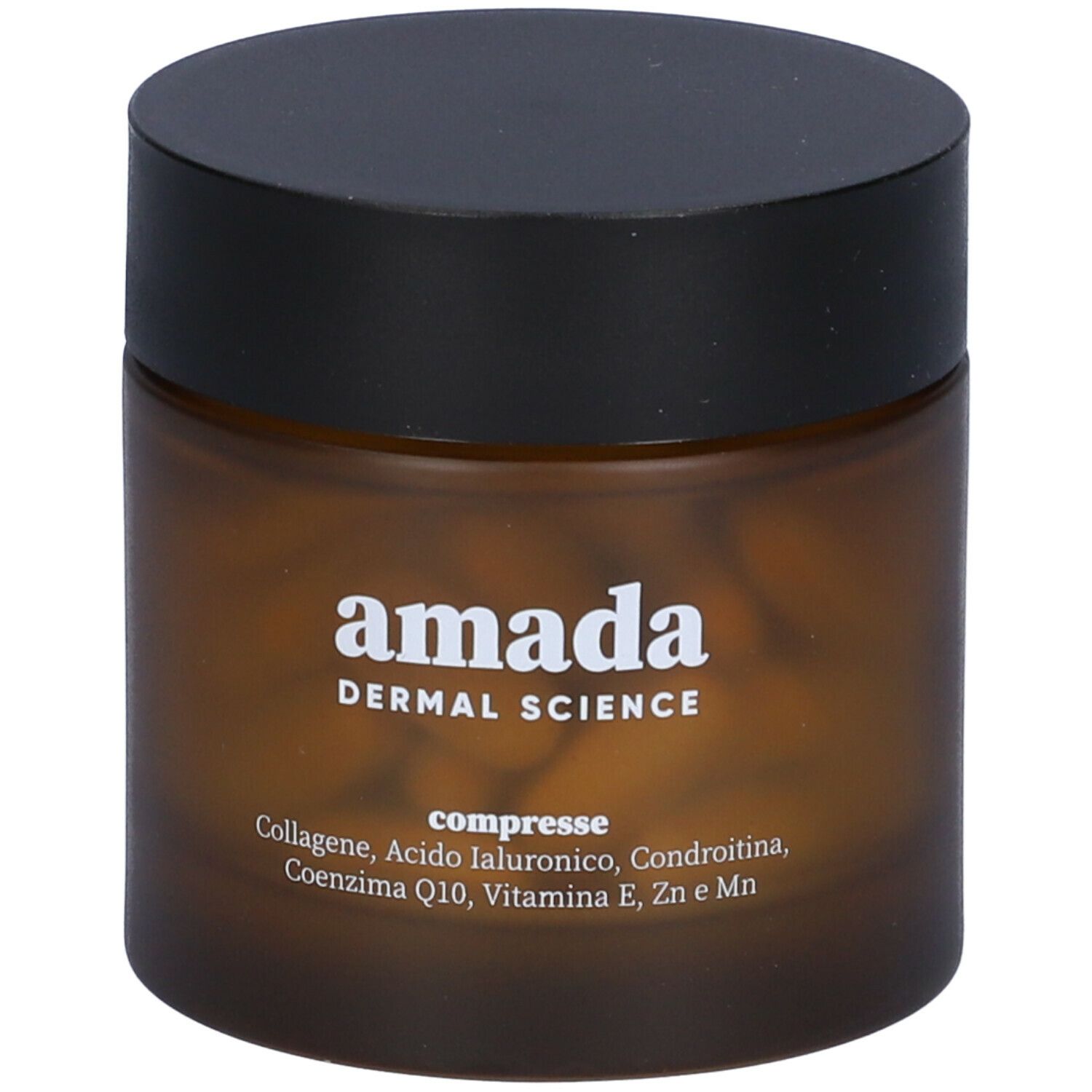Barattolo marrone con coperchio nero. Scritta: amada, compresse. Contiene collagene, acido ialuronico, condroitina, coenzima Q10, vitamina E, Zn e Mn.