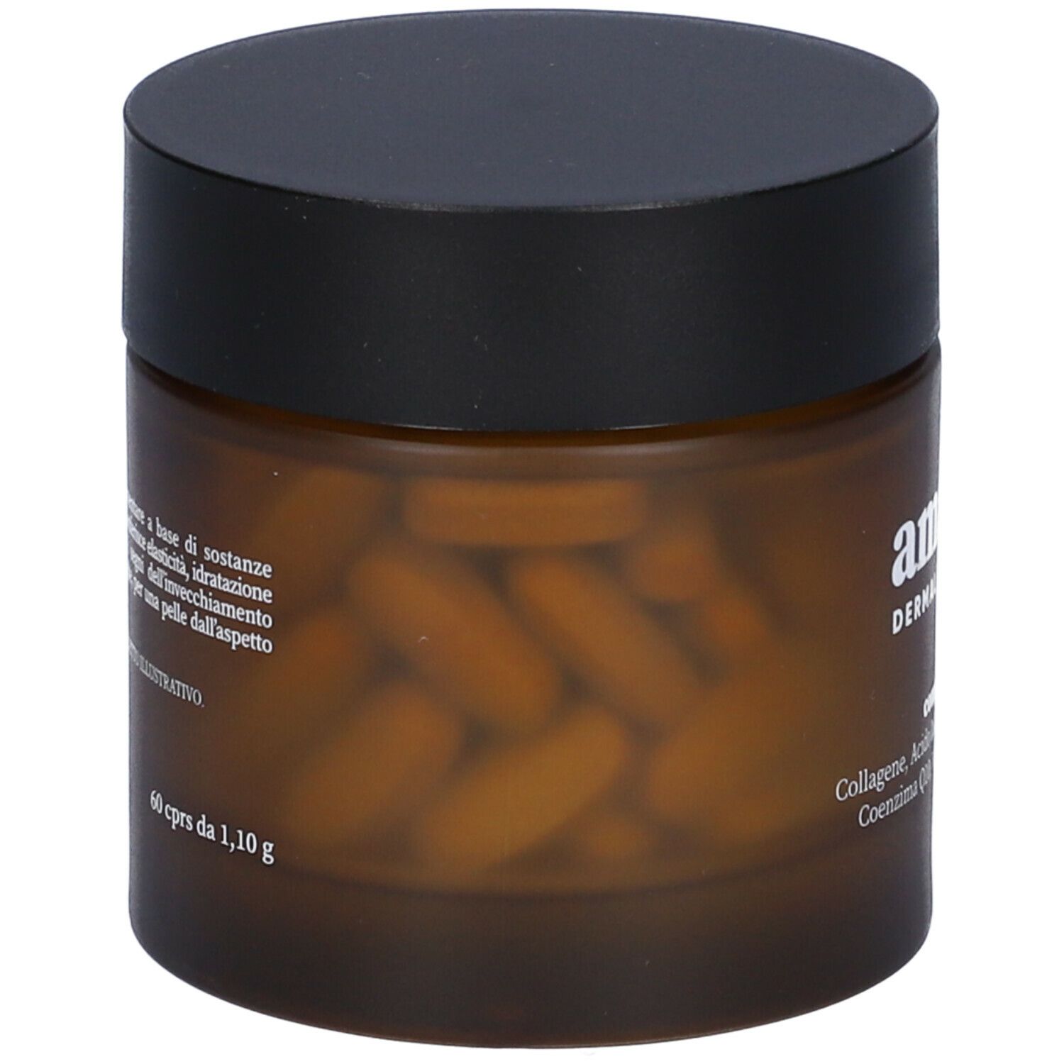 Barattolo marrone con coperchio nero, pieno di compresse. Scritta: amada, compresse. Contiene collagene, acido ialuronico, condroitina, coenzima Q10.