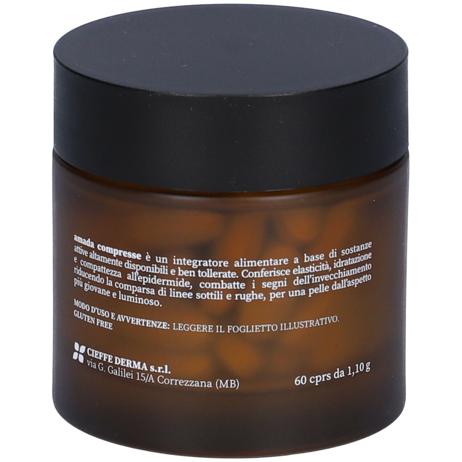Barattolo marrone con coperchio nero, pieno di compresse. Scritta: amada, compresse. 60 compresse, 1,10 g.
