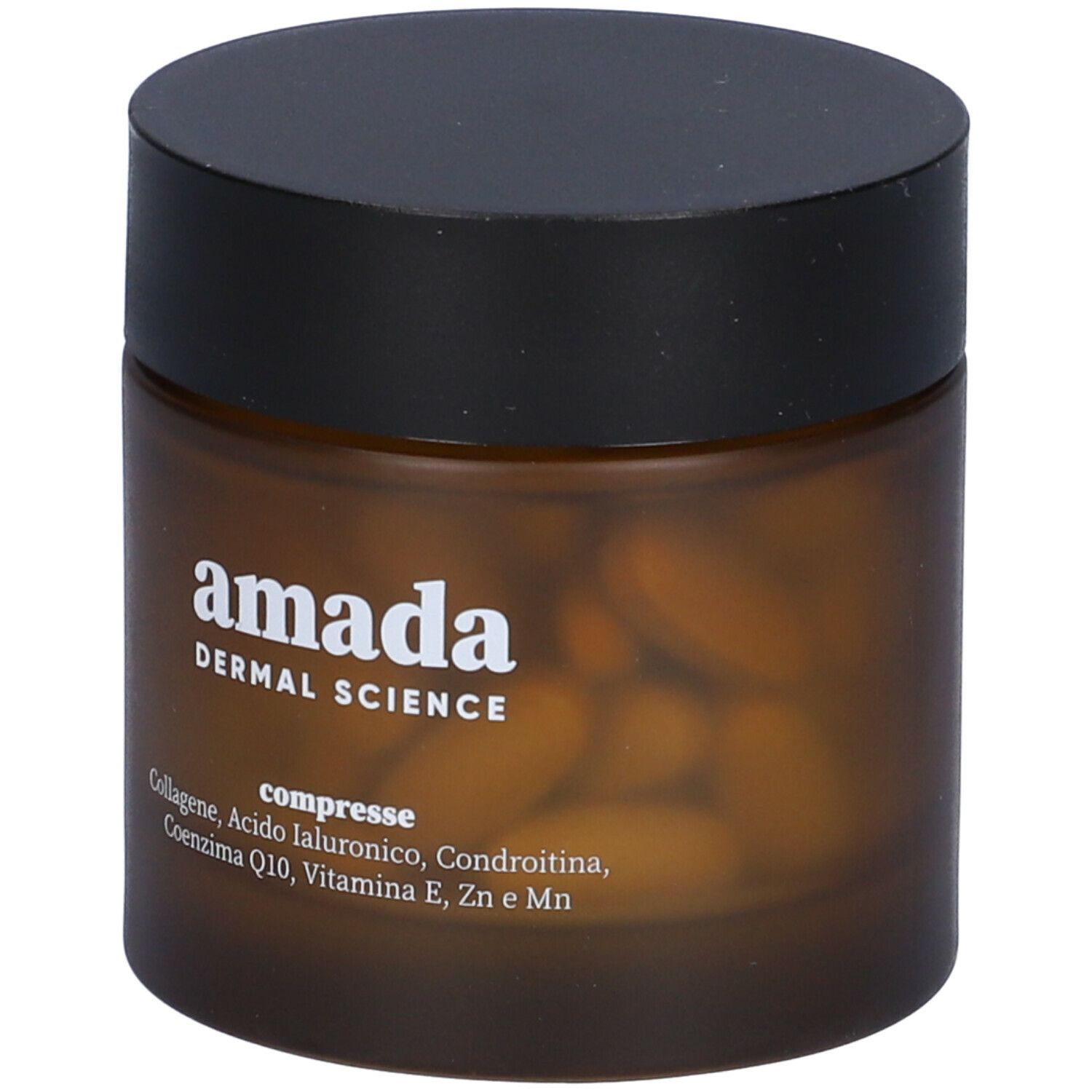 Barattolo marrone con coperchio nero, pieno di compresse. Scritta: amada, compresse. Contiene collagene, acido ialuronico, condroitina, coenzima Q10.