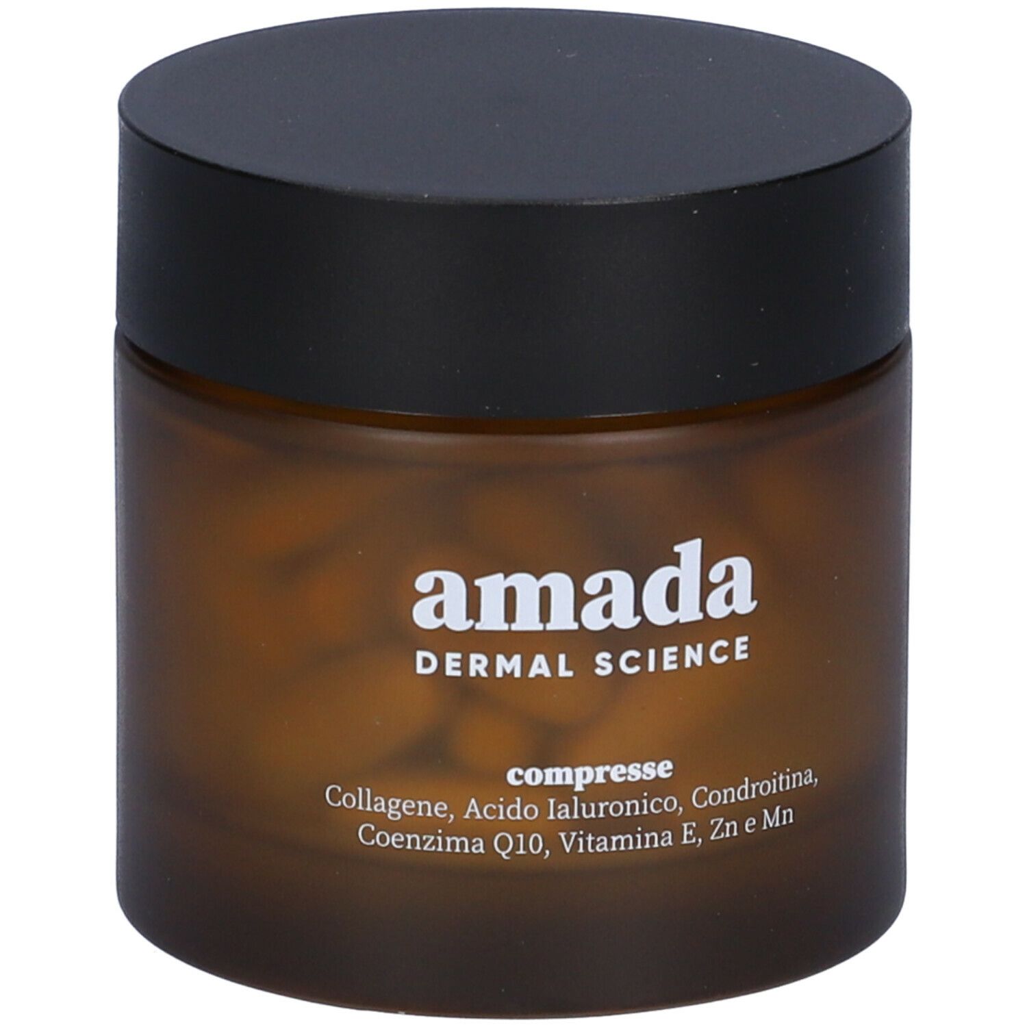 Barattolo marrone con coperchio nero, pieno di compresse. Scritta: amada, compresse. Contiene collagene, acido ialuronico, condroitina, coenzima Q10.