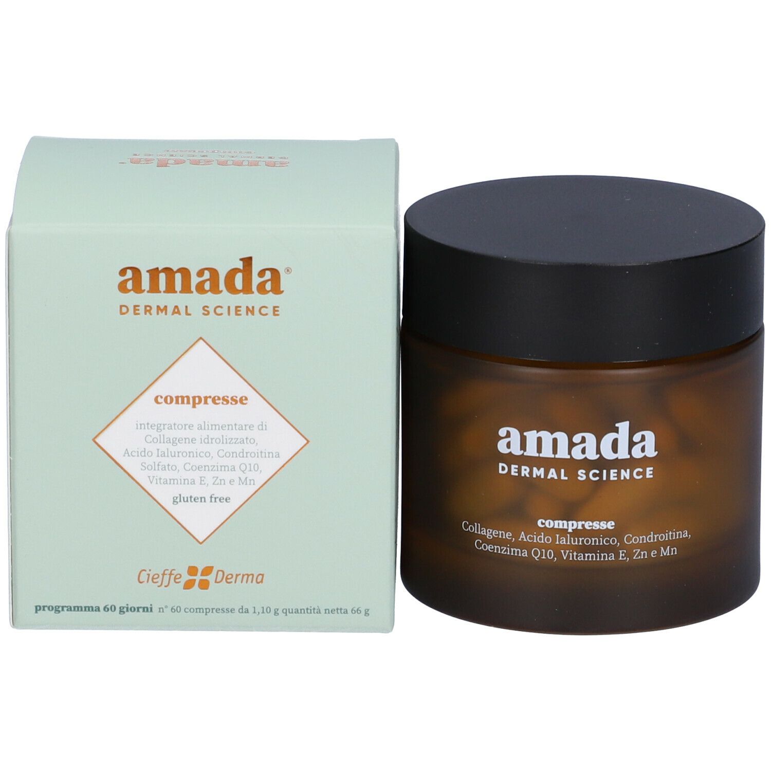 Barattolo marrone con coperchio nero e scatola verde. Scritta: amada, compresse. Contiene collagene, acido ialuronico, condroitina, coenzima Q10.